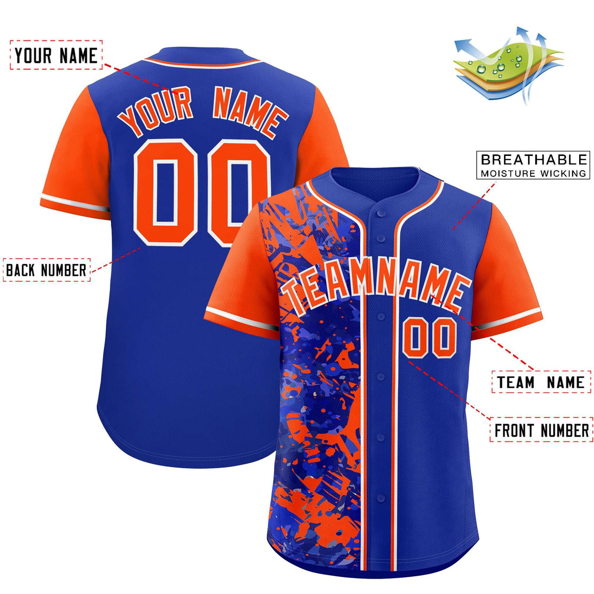 Custom Royal Orange Split Personalized Graffiti Raglan Sleeve Authentic Baseball Jersey