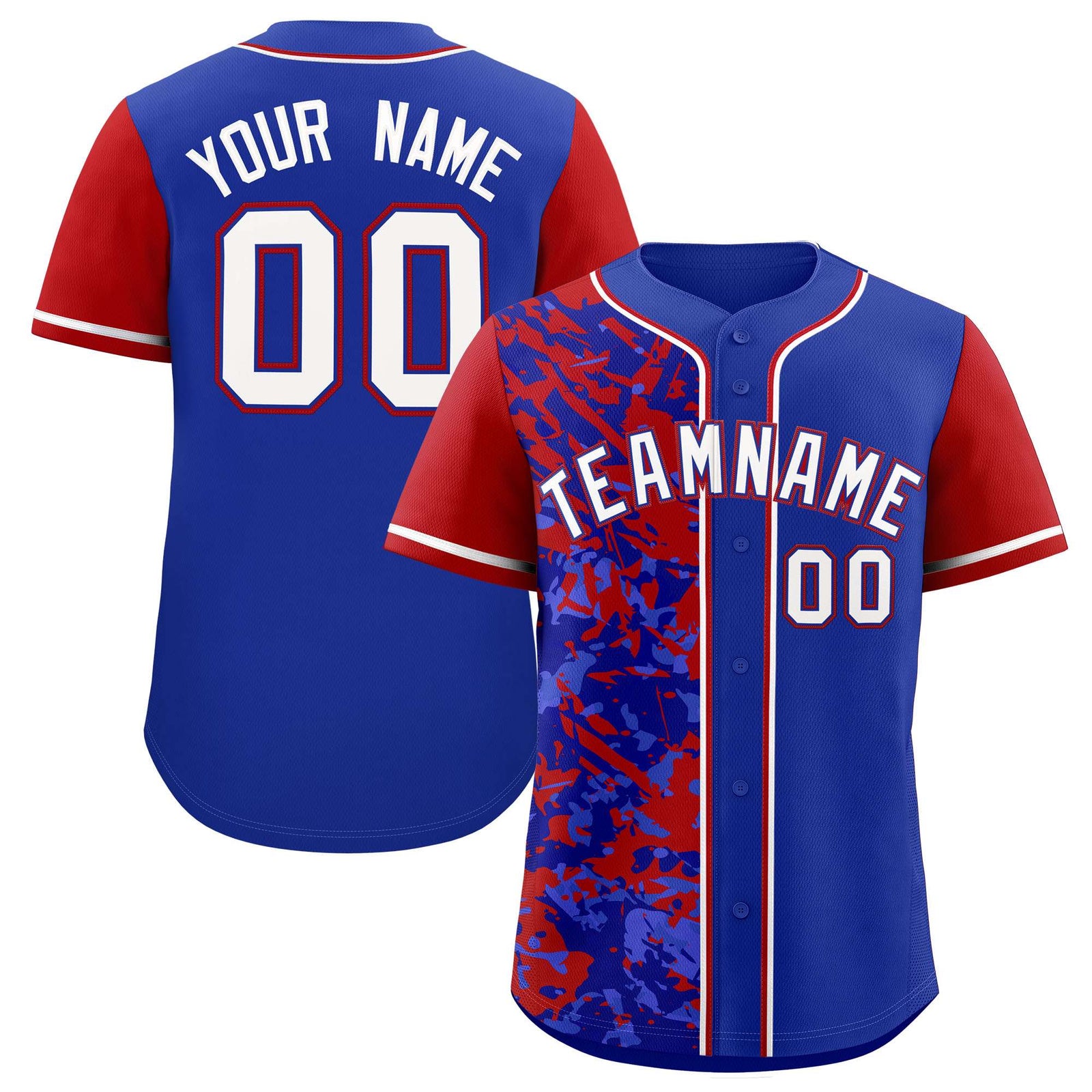 Custom Royal Red Split Personalized Graffiti Raglan Sleeve Authentic Baseball Jersey