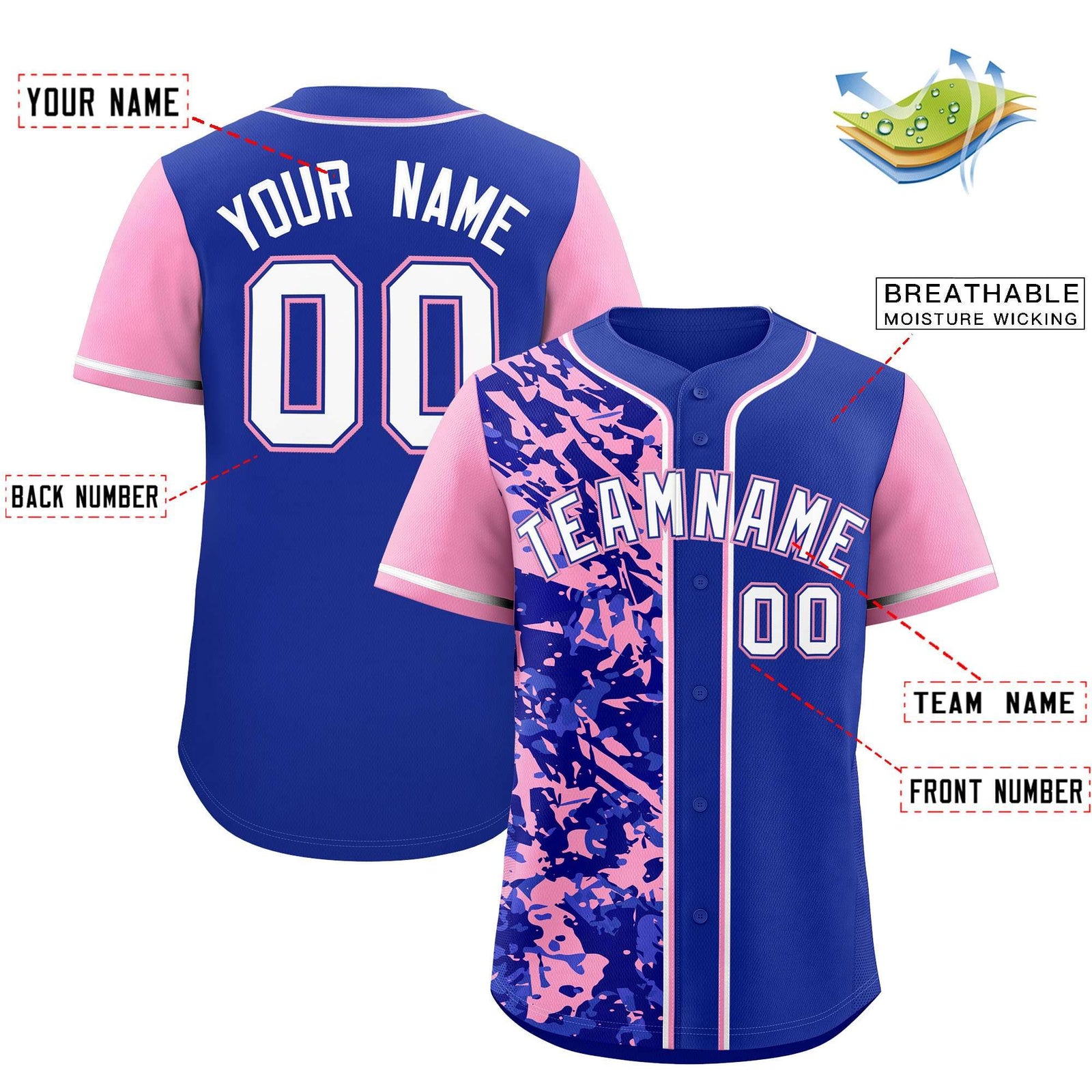 Custom Royal Light Pink Split Personalized Graffiti Raglan Sleeve Authentic Baseball Jersey