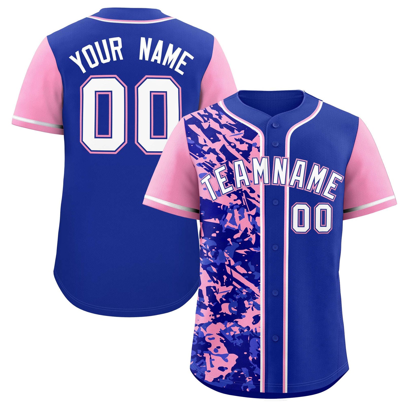 Custom Royal Light Pink Split Personalized Graffiti Raglan Sleeve Authentic Baseball Jersey