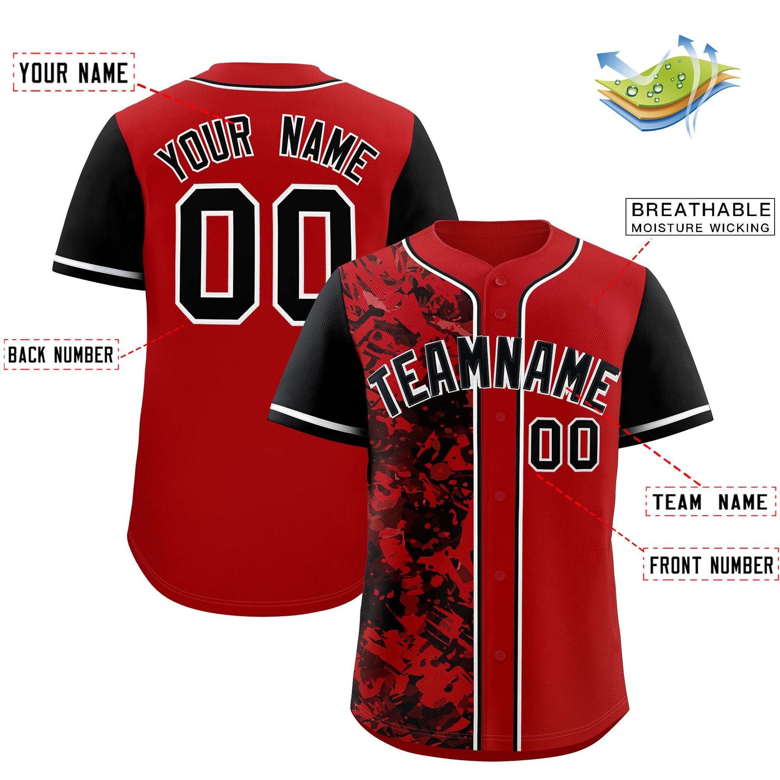Custom Red Black Split Personalized Graffiti Raglan Sleeve Authentic Baseball Jersey