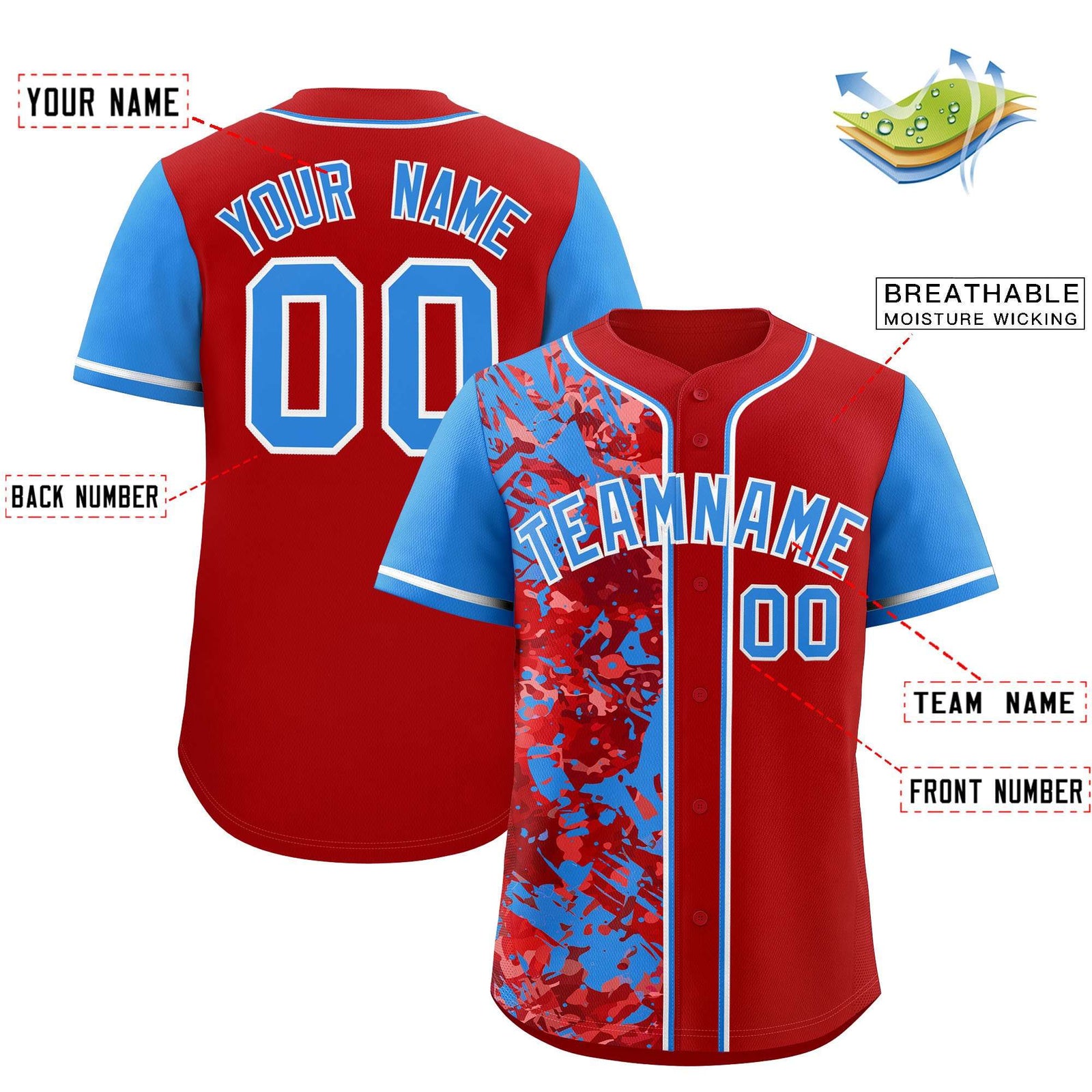 Custom Red Blue Split Personalized Graffiti Raglan Sleeve Authentic Baseball Jersey