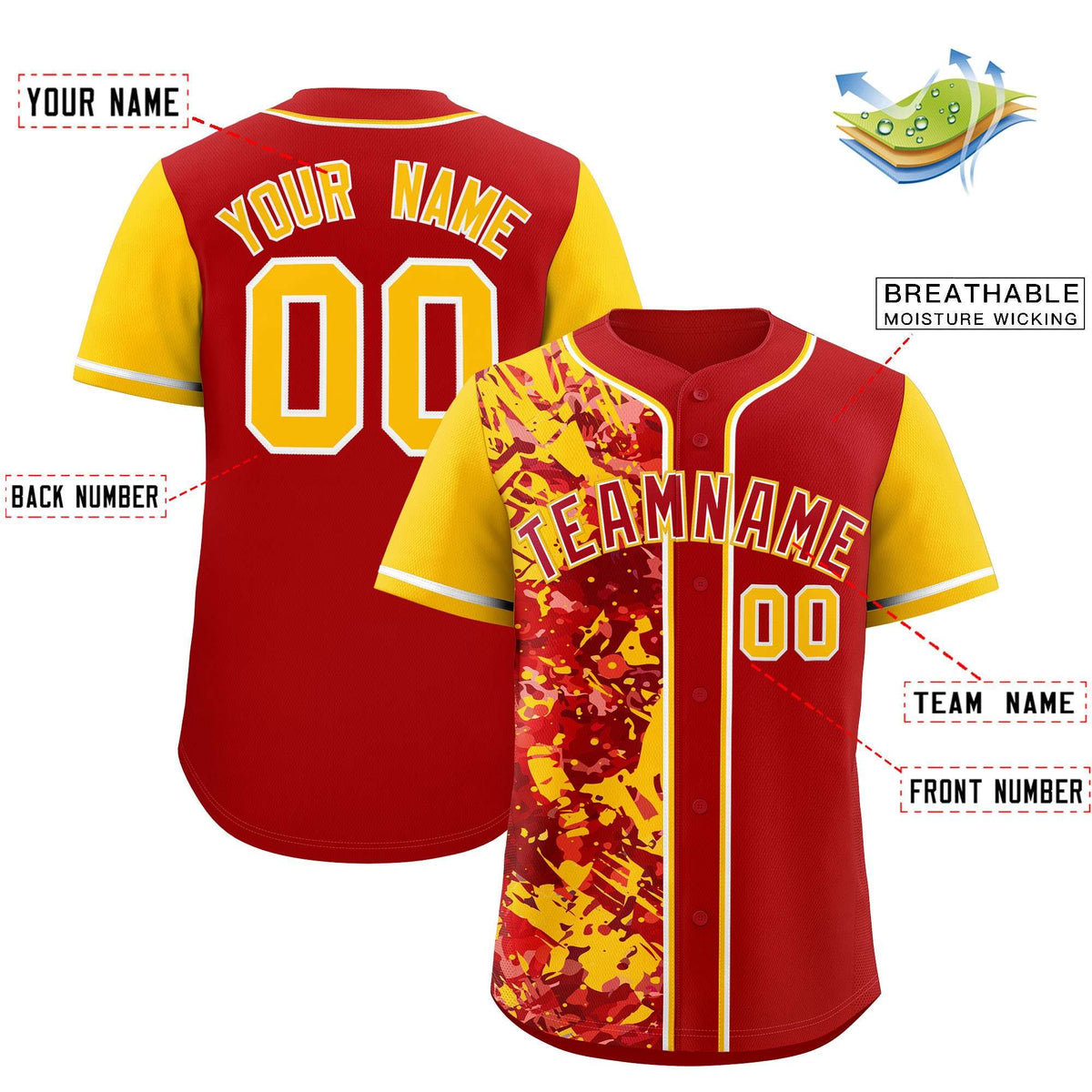 Custom Red Yellow Split Personalized Graffiti Raglan Sleeve Authentic Baseball Jersey