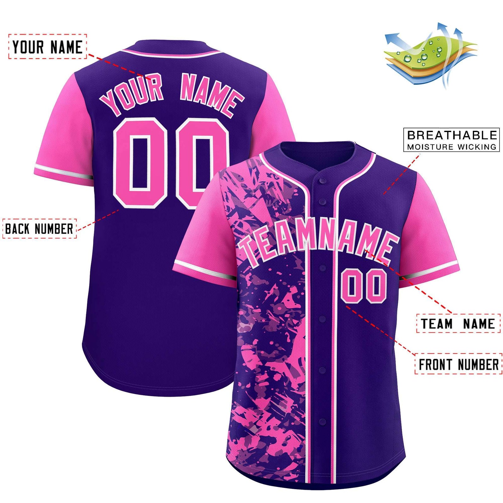 Custom Purple Pink Split Personalized Graffiti Raglan Sleeve Authentic Baseball Jersey