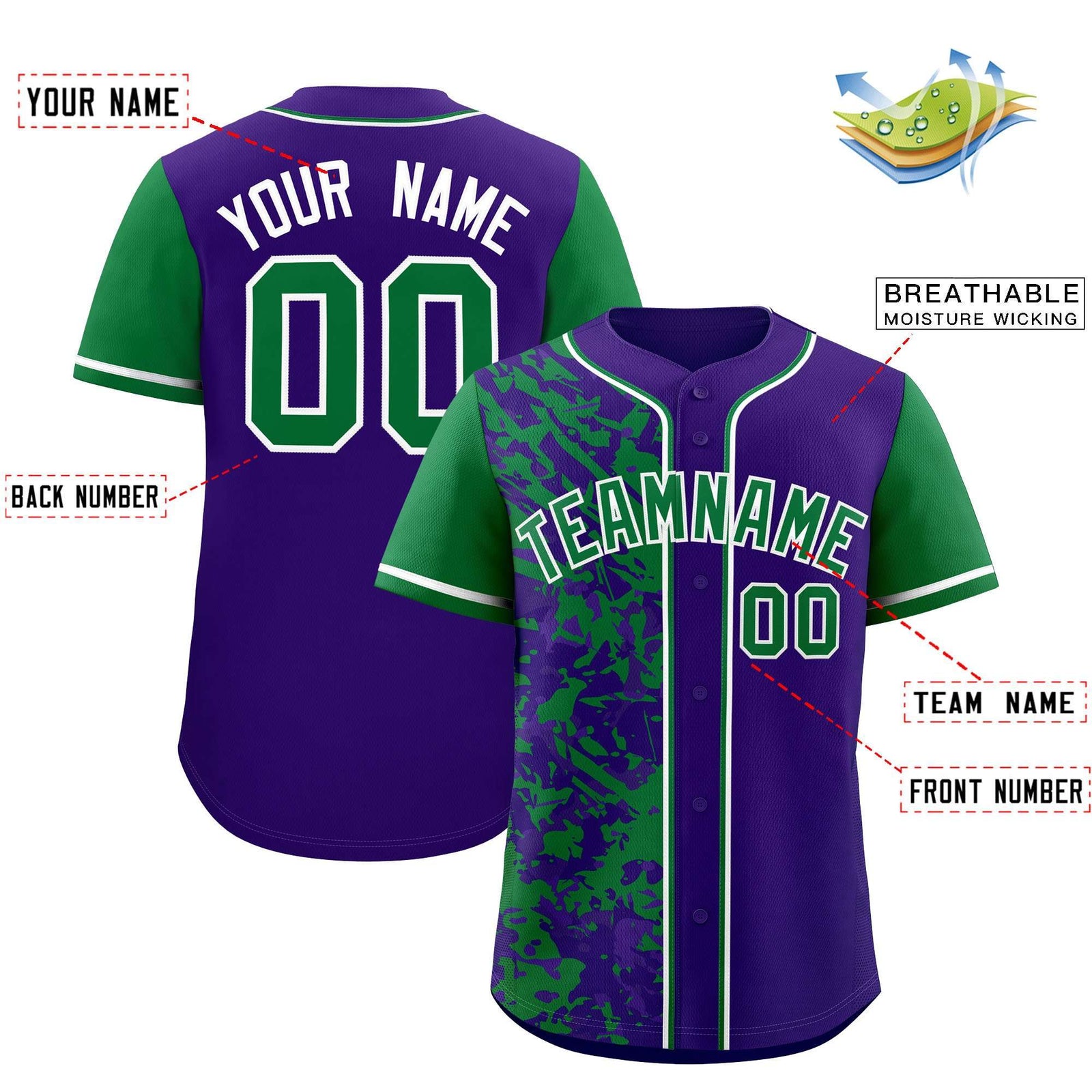 Custom Purple Green Split Personalized Graffiti Raglan Sleeve Authentic Baseball Jersey