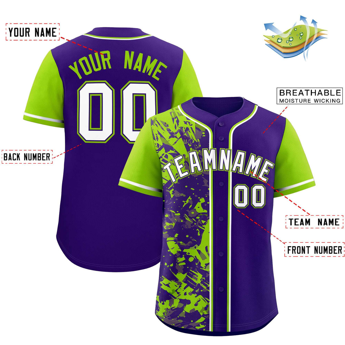 Custom Purple Neon Green Split Personalized Graffiti Raglan Sleeve Authentic Baseball Jersey