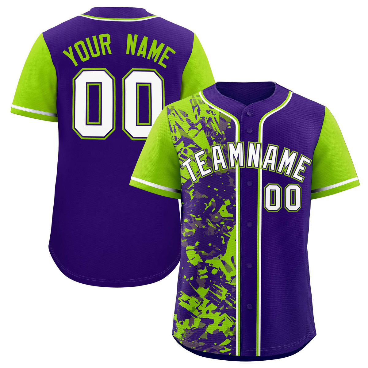 Custom Purple Neon Green Split Personalized Graffiti Raglan Sleeve Authentic Baseball Jersey