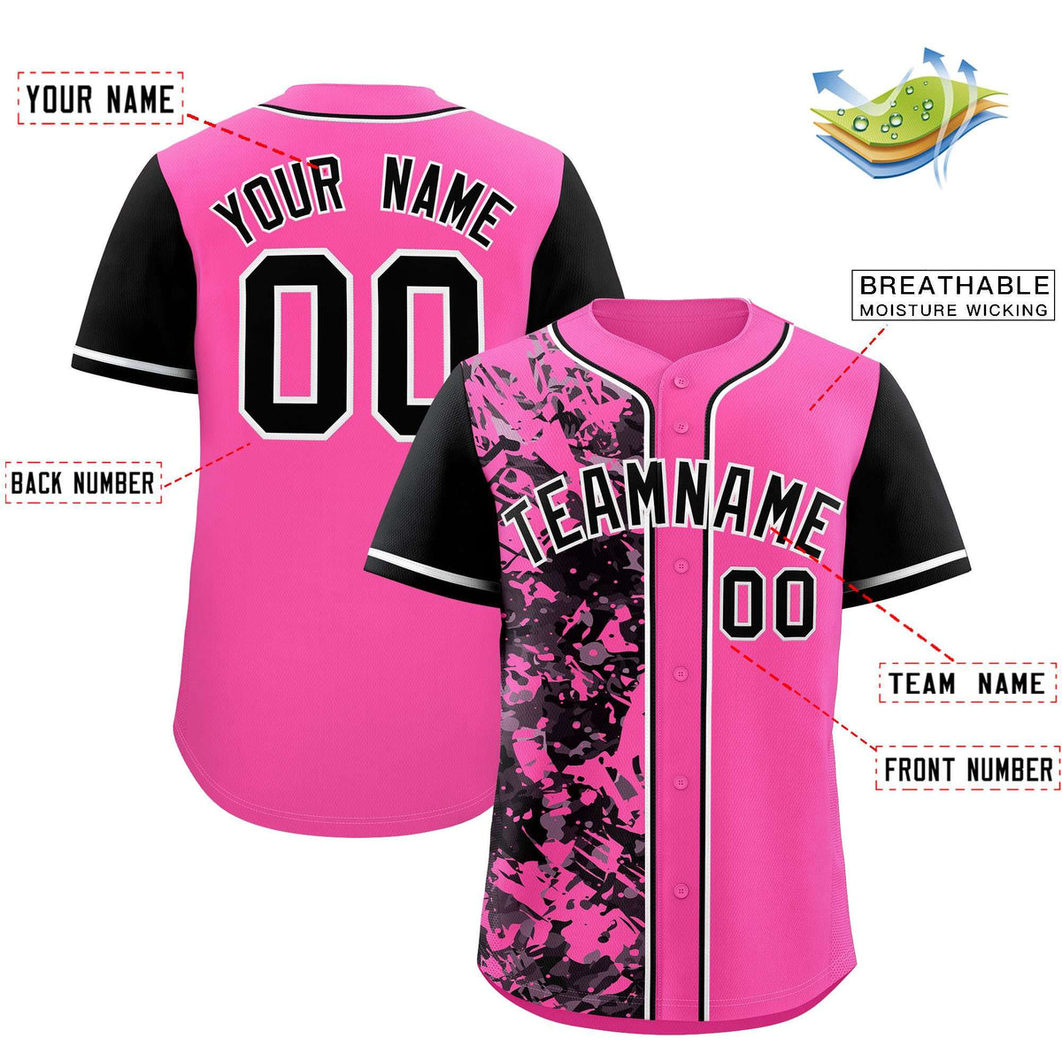 Custom Pink Black Split Personalized Graffiti Raglan Sleeve Authentic Baseball Jersey