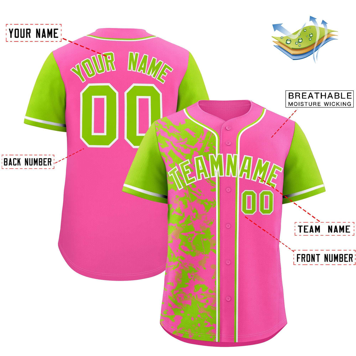 Custom Pink Neon Green Split Personalized Graffiti Raglan Sleeve Authentic Baseball Jersey
