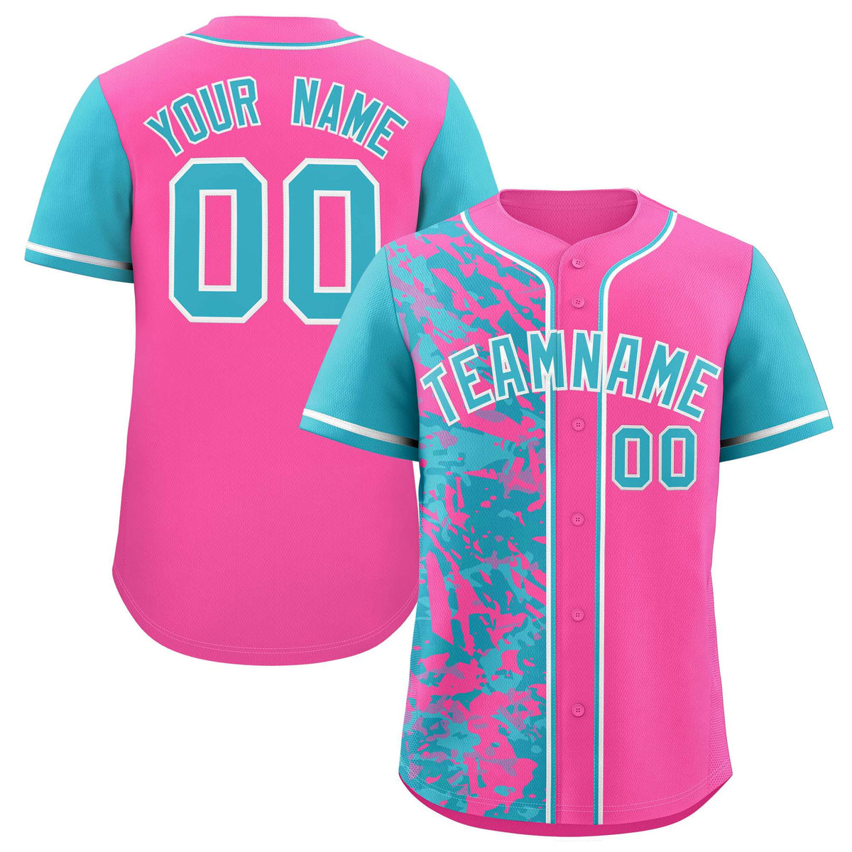 Custom Pink Sky Blue Split Personalized Graffiti Raglan Sleeve Authentic Baseball Jersey