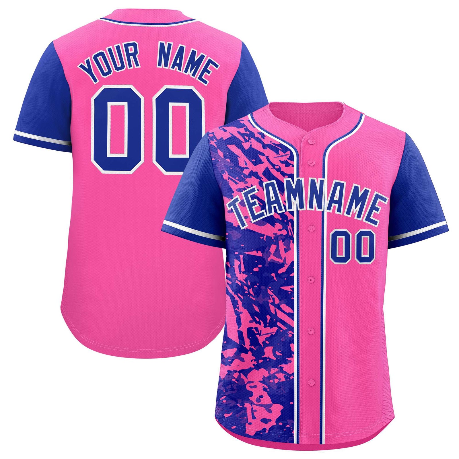 Custom Pink Royal Split Personalized Graffiti Raglan Sleeve Authentic Baseball Jersey