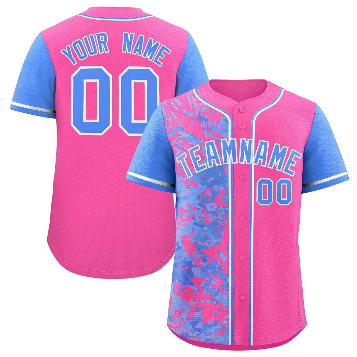 Custom Pink Powder Blue Split Personalized Graffiti Raglan Sleeve Authentic Baseball Jersey