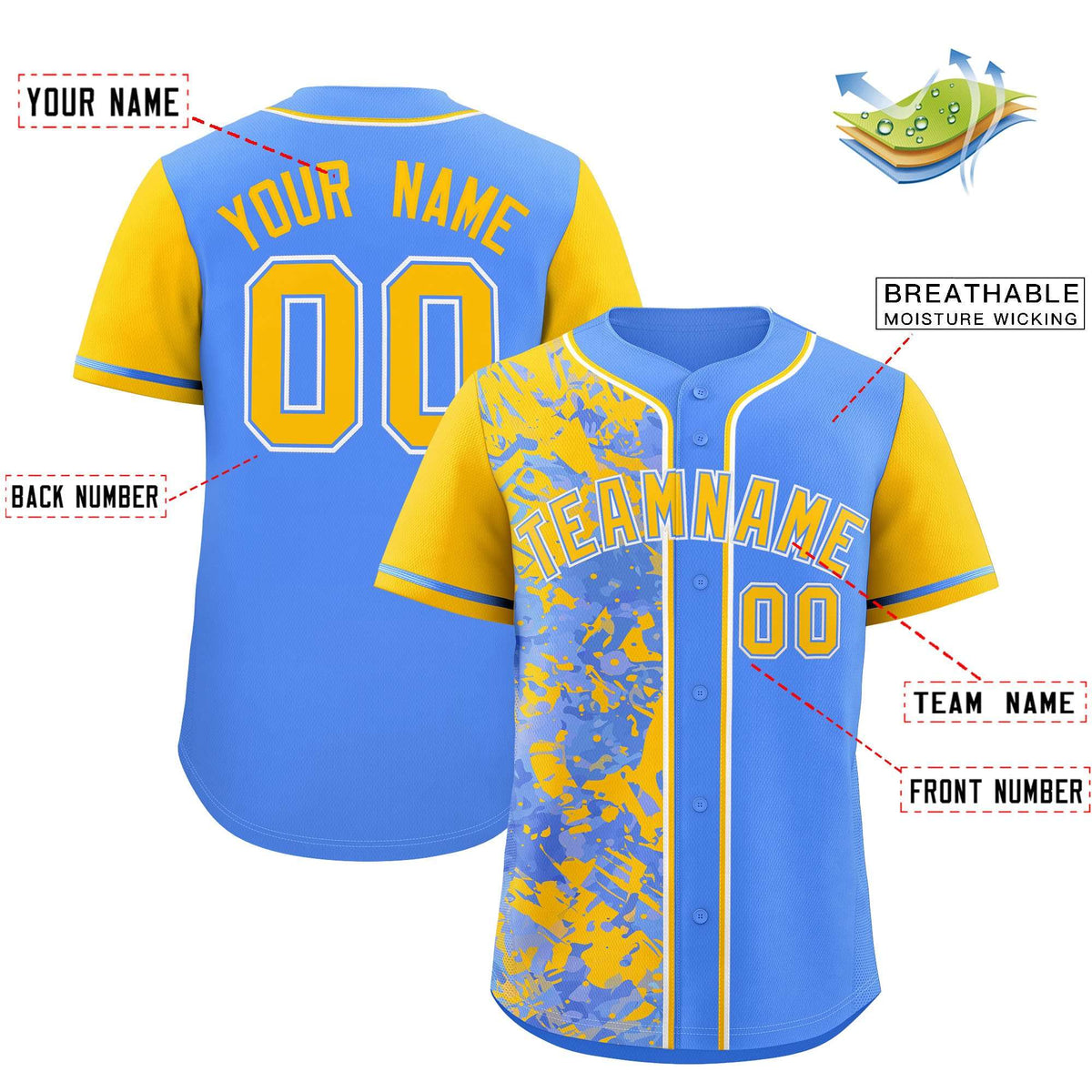 Custom Blue Yellow Split Personalized Graffiti Raglan Sleeve Authentic Baseball Jersey