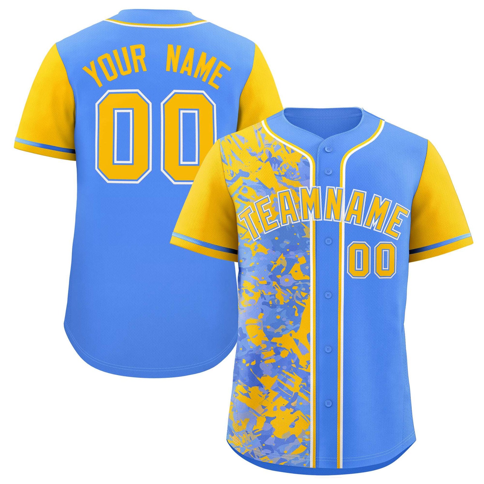 Custom Blue Yellow Split Personalized Graffiti Raglan Sleeve Authentic Baseball Jersey