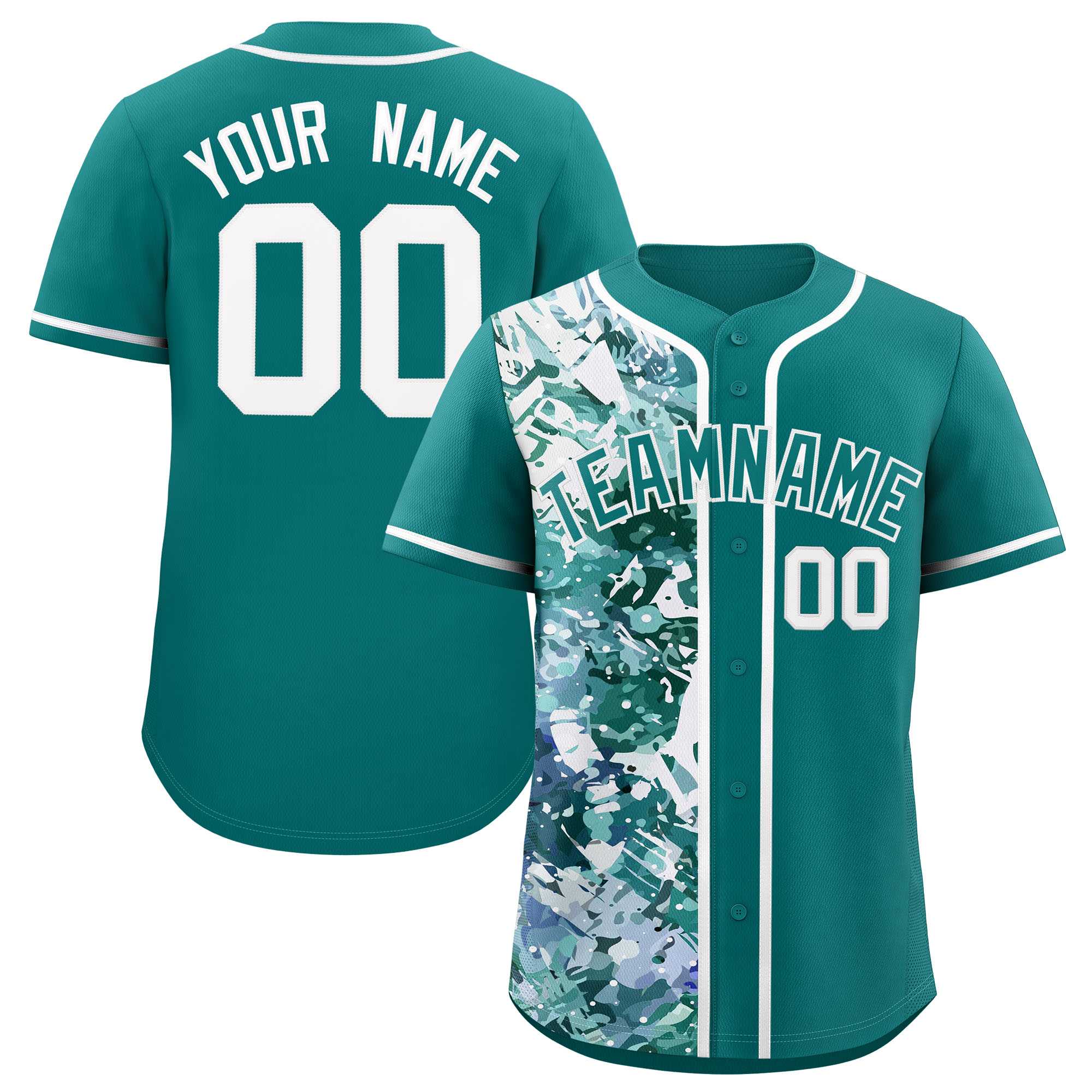 Custom Aqua White Split Personalized Graffiti Raglan Sleeve Authentic Baseball Jersey