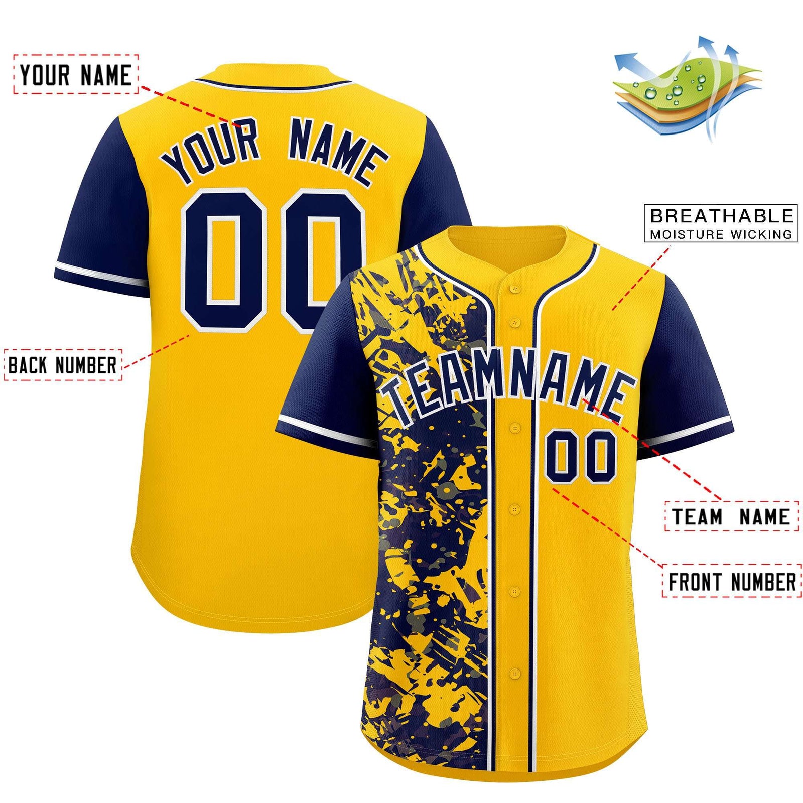 Custom Yellow Navy Split Personalized Graffiti Raglan Sleeve Authentic Baseball Jersey