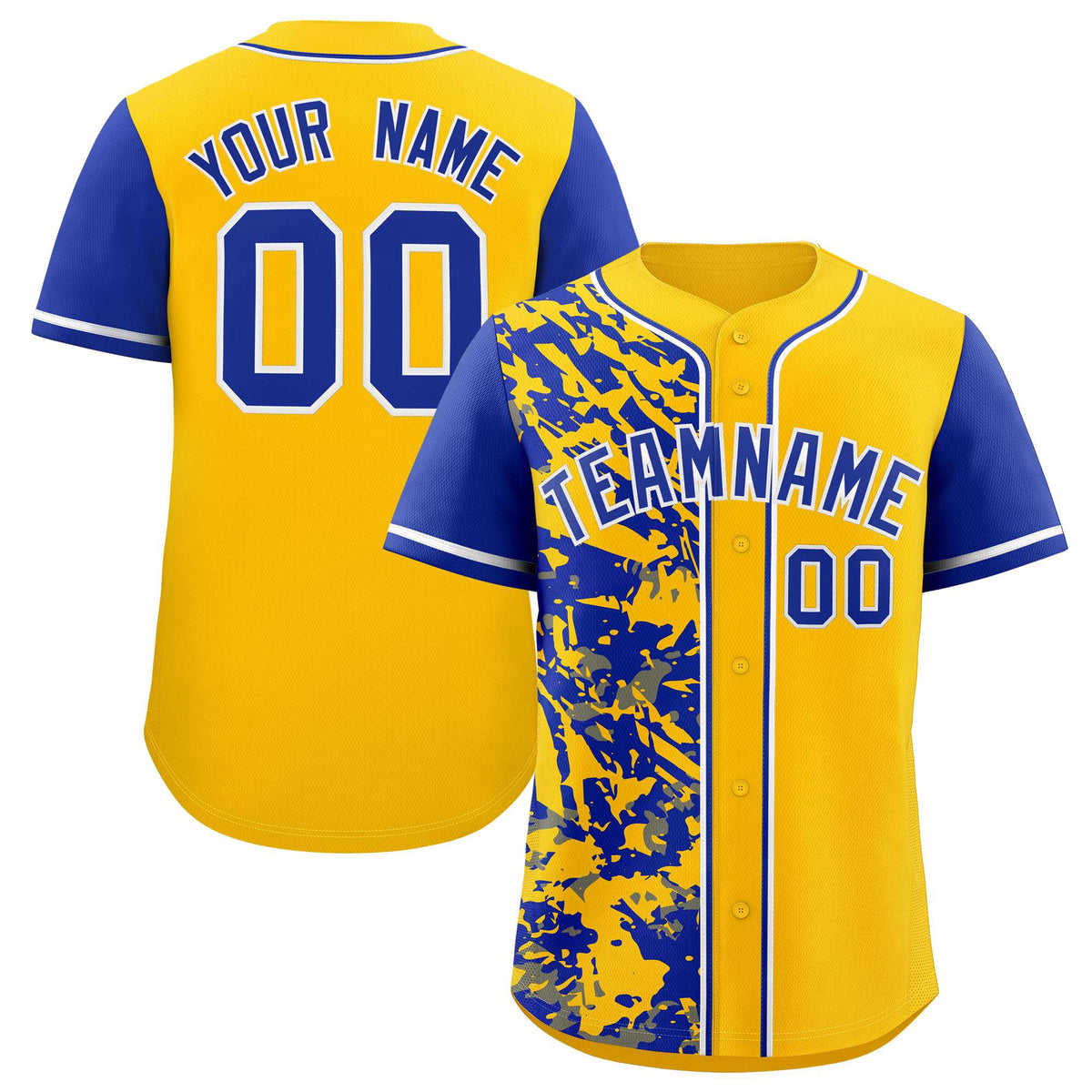 Custom Yellow Royal Split Personalized Graffiti Raglan Sleeve Authentic Baseball Jersey