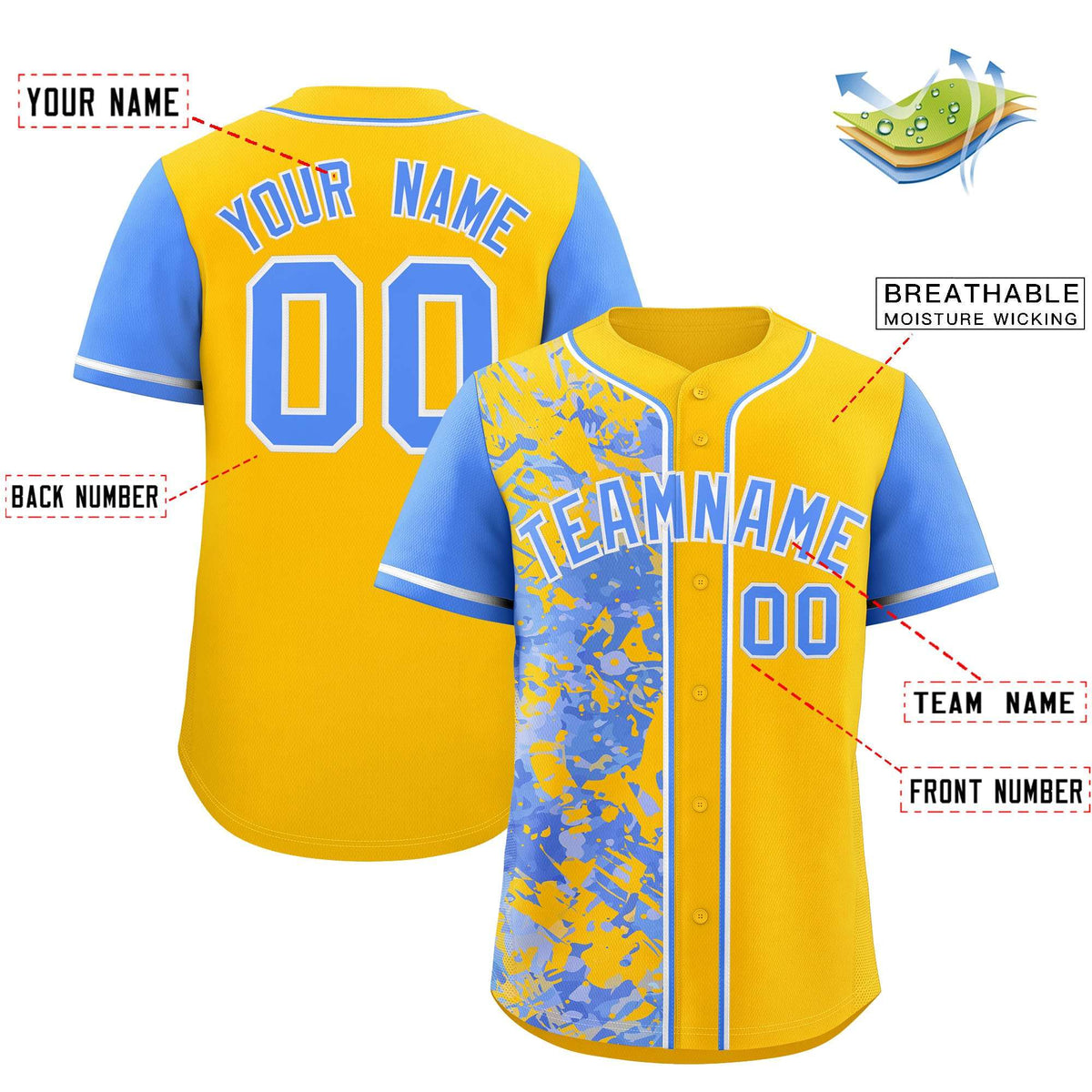 Custom Yellow Powder Blue Split Personalized Graffiti Raglan Sleeve Authentic Baseball Jersey
