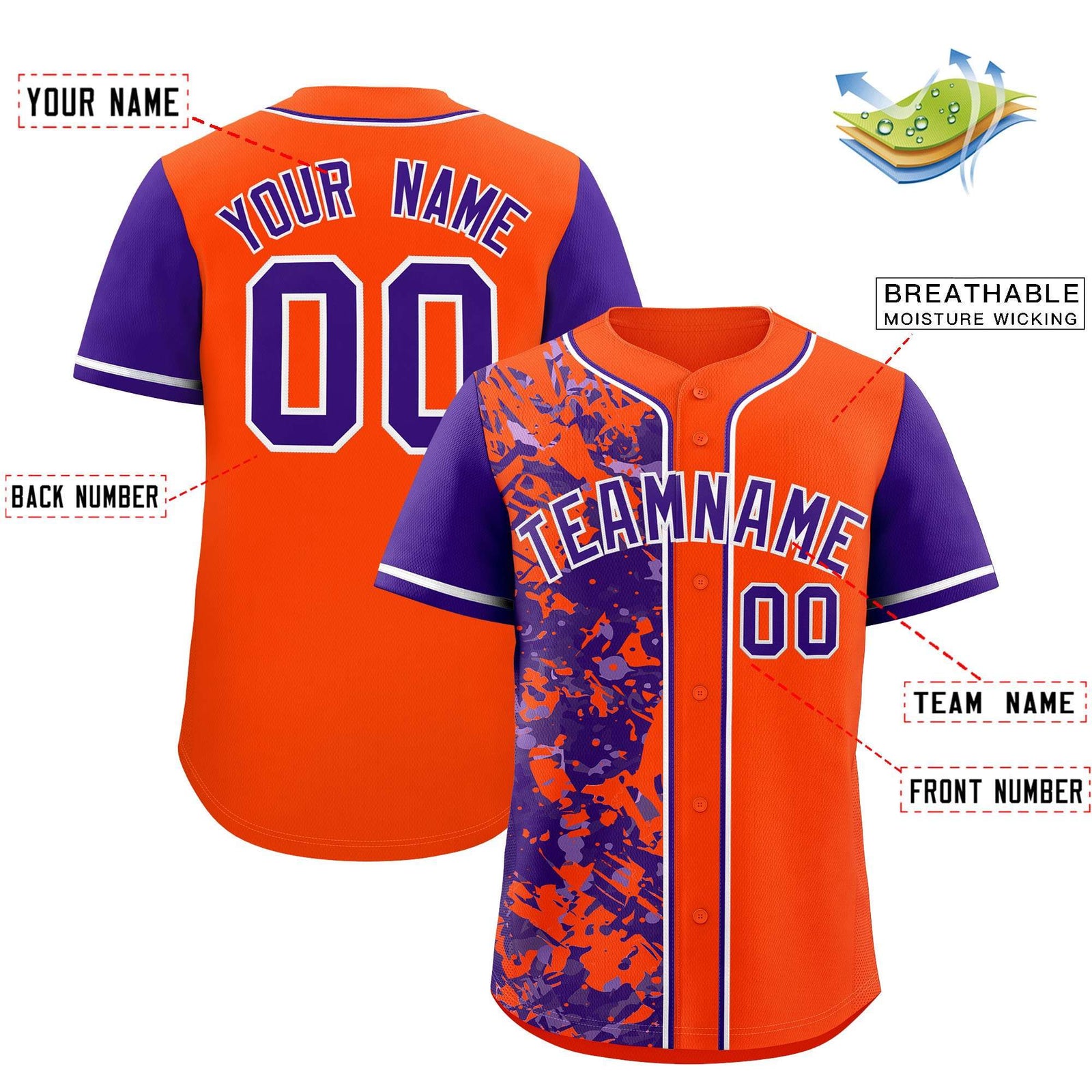 Custom Orange Purple Split Personalized Graffiti Raglan Sleeve Authentic Baseball Jersey