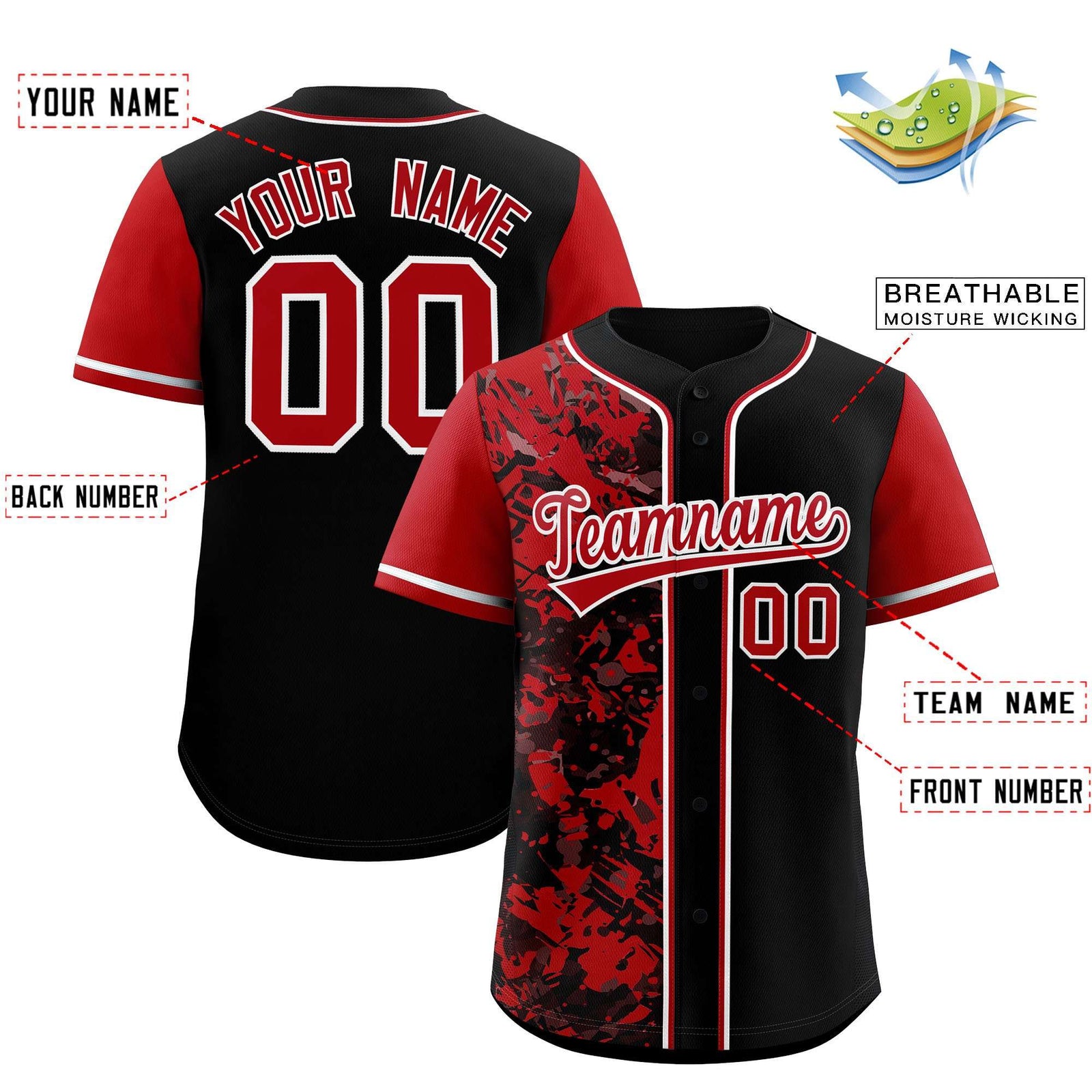 Custom Black Red Split Personalized Graffiti Raglan Sleeve Authentic Baseball Jersey