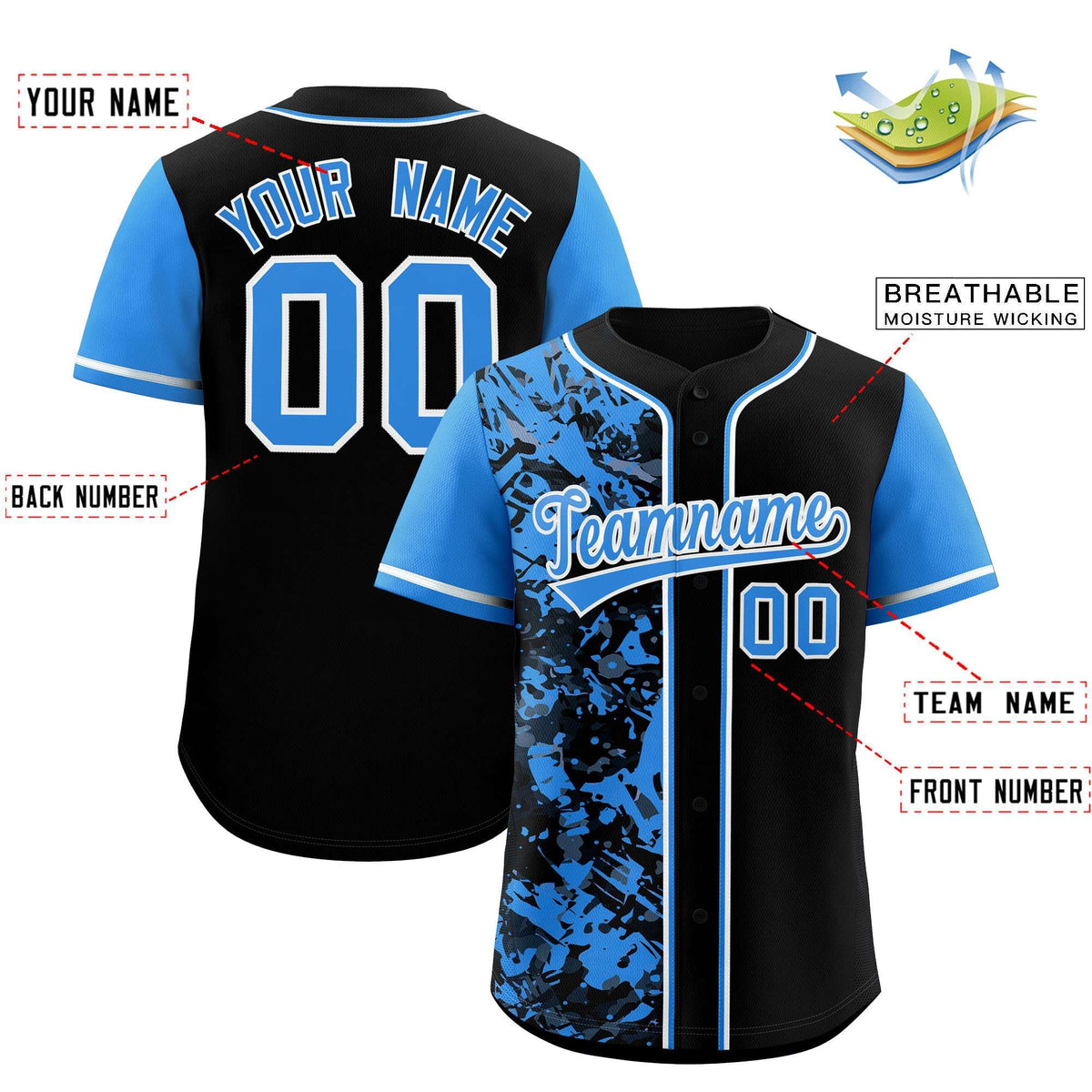 Custom Black Blue Split Personalized Graffiti Raglan Sleeve Authentic Baseball Jersey