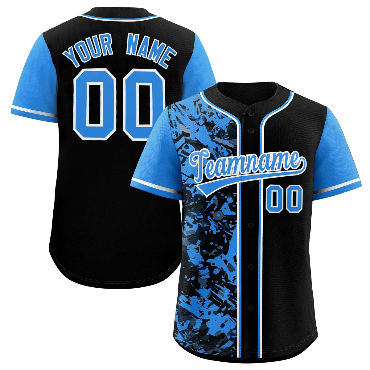 Custom Black Blue Split Personalized Graffiti Raglan Sleeve Authentic Baseball Jersey