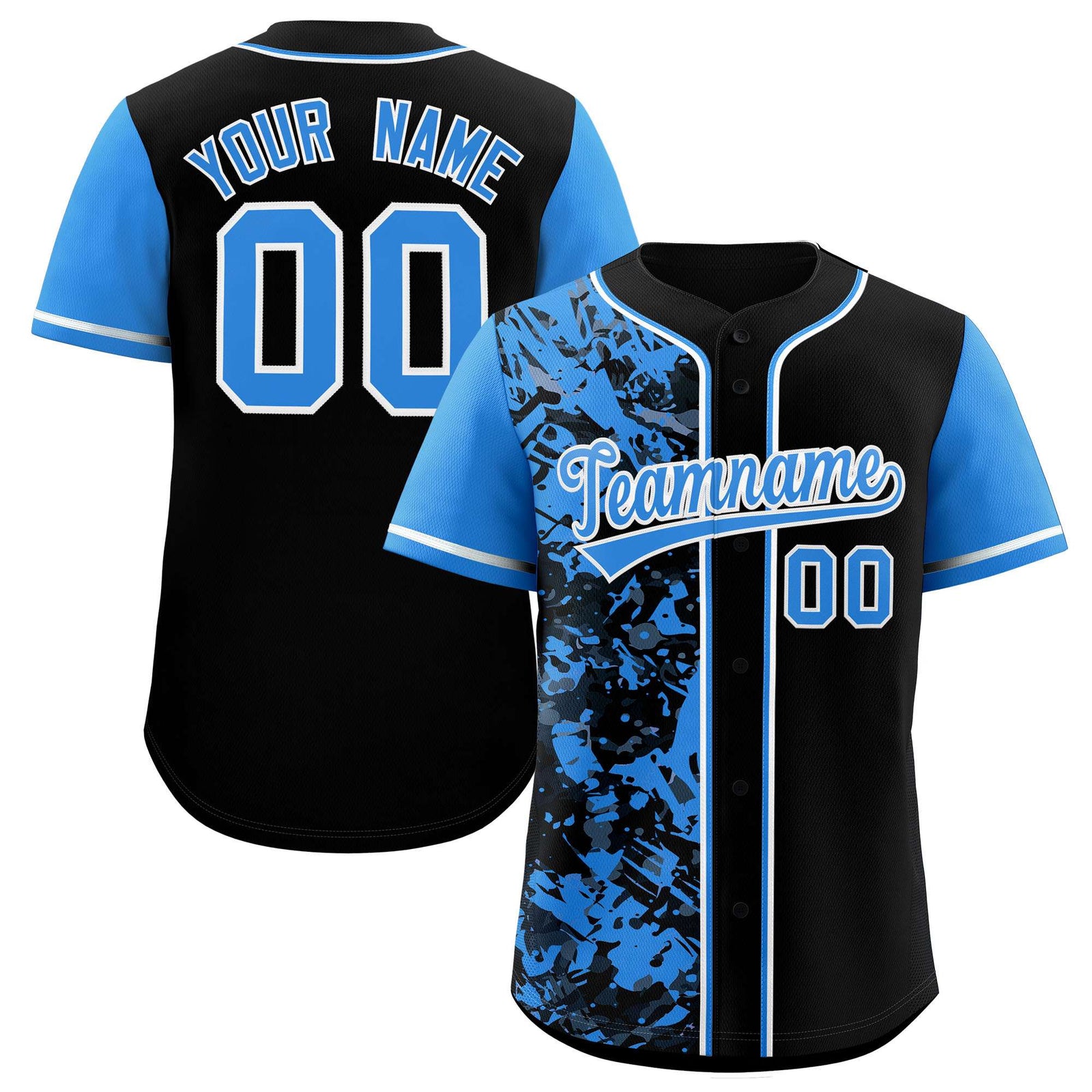 Custom Black Blue Split Personalized Graffiti Raglan Sleeve Authentic Baseball Jersey