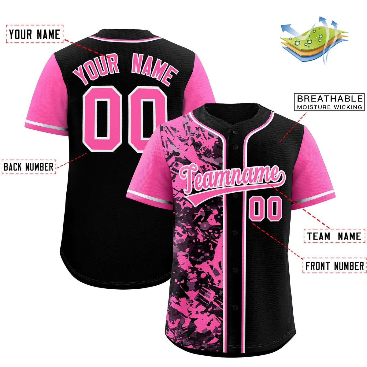 Custom Black Pink Split Personalized Graffiti Raglan Sleeve Authentic Baseball Jersey