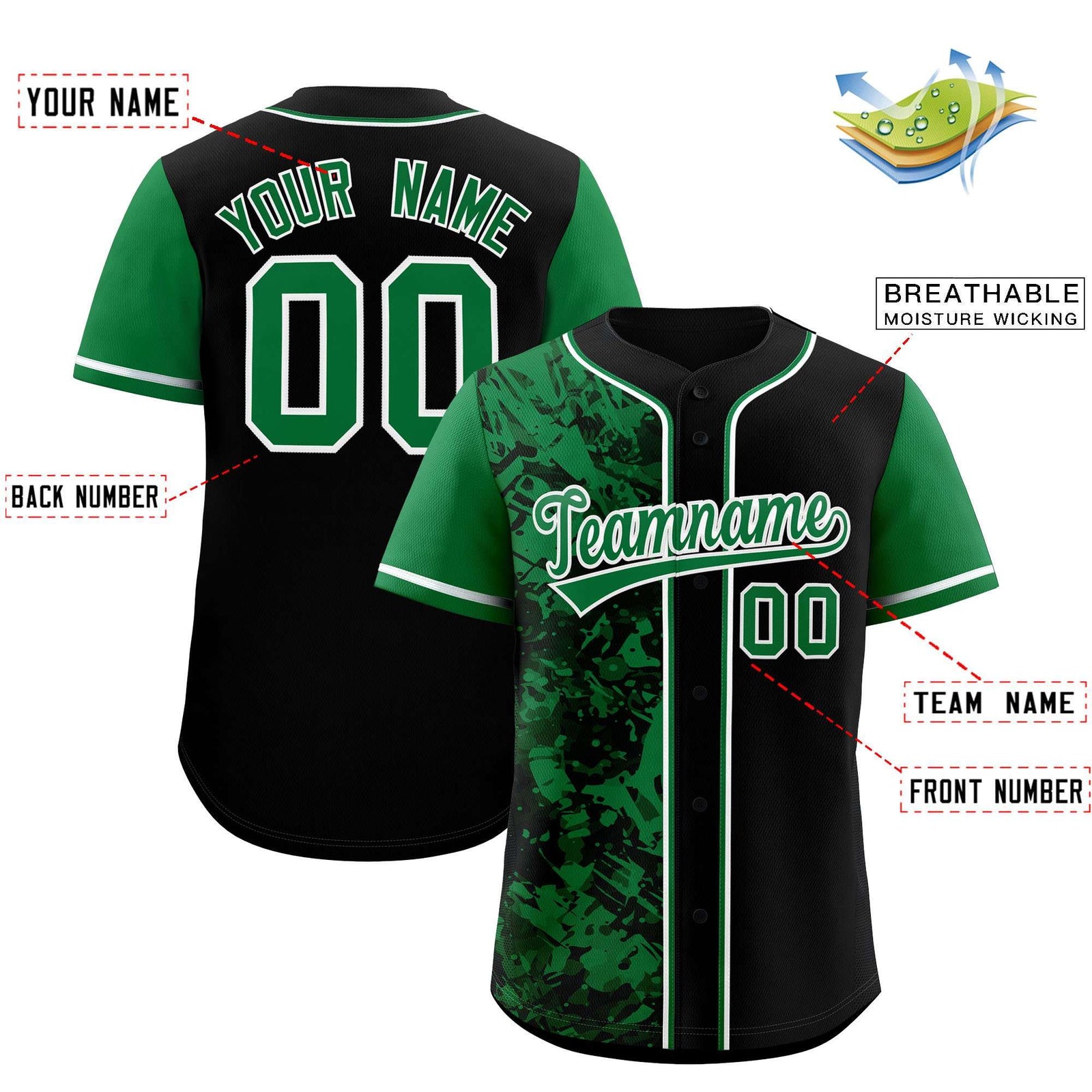 Custom Black Green Split Personalized Graffiti Raglan Sleeve Authentic Baseball Jersey