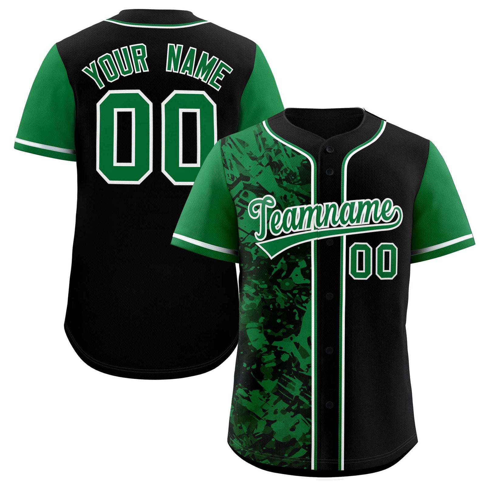 Custom Black Green Split Personalized Graffiti Raglan Sleeve Authentic Baseball Jersey