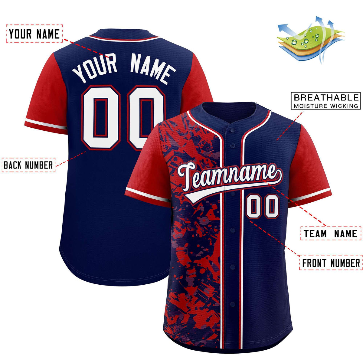 Custom Navy Red Split Personalized Graffiti Raglan Sleeve Authentic Baseball Jersey