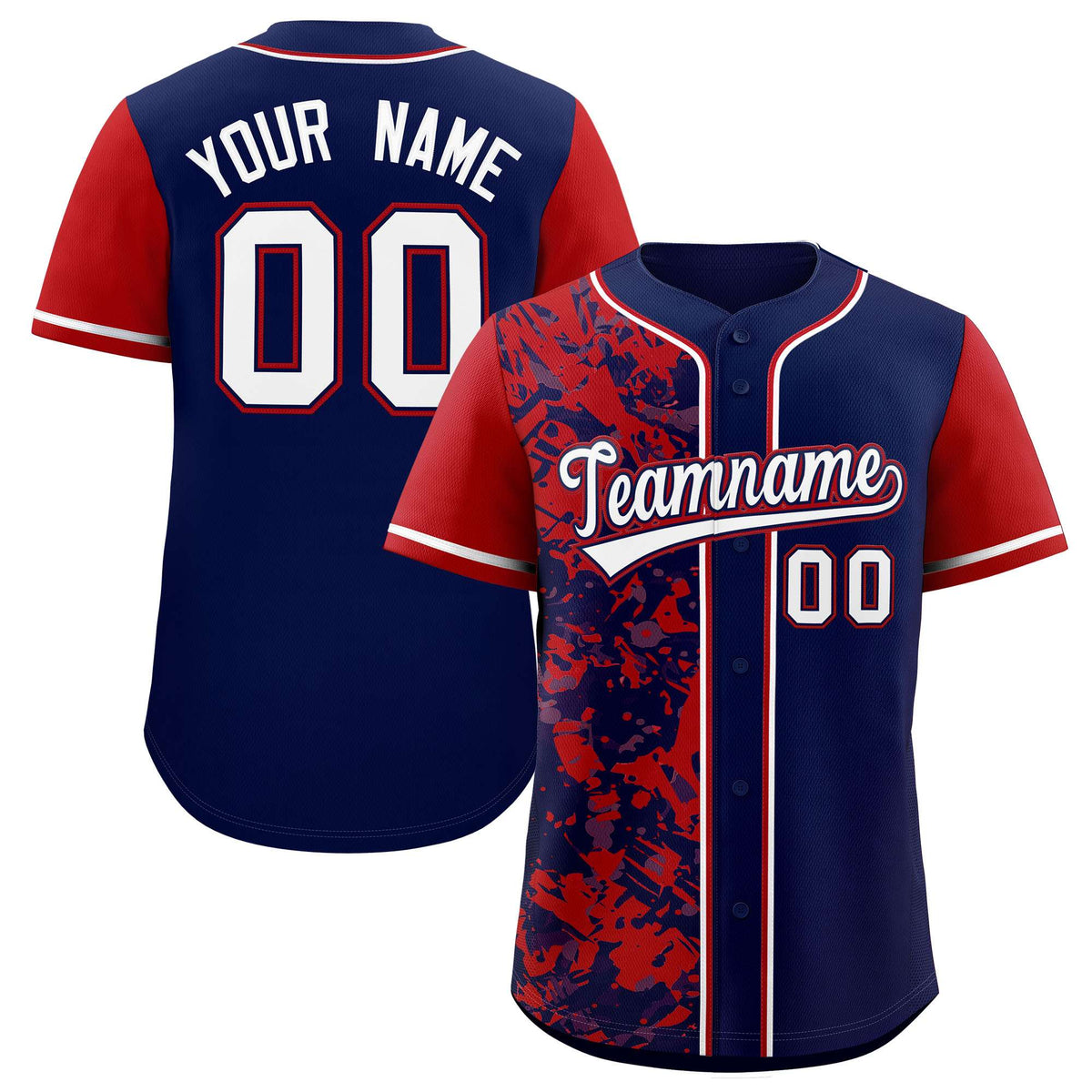 Custom Navy Red Split Personalized Graffiti Raglan Sleeve Authentic Baseball Jersey