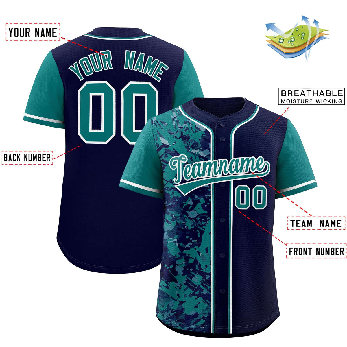 Custom Navy Aqua Split Personalized Graffiti Raglan Sleeve Authentic Baseball Jersey