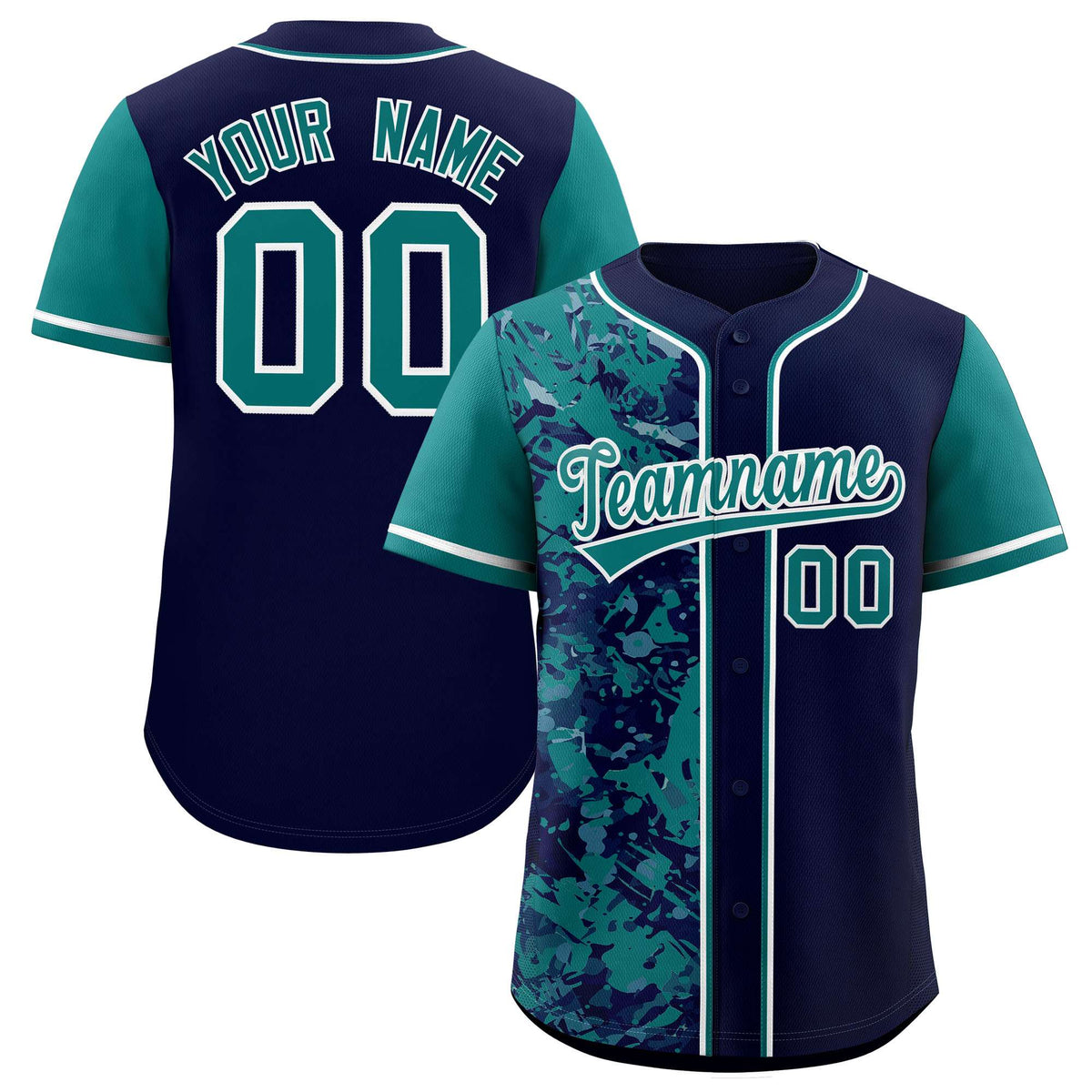 Custom Navy Aqua Split Personalized Graffiti Raglan Sleeve Authentic Baseball Jersey