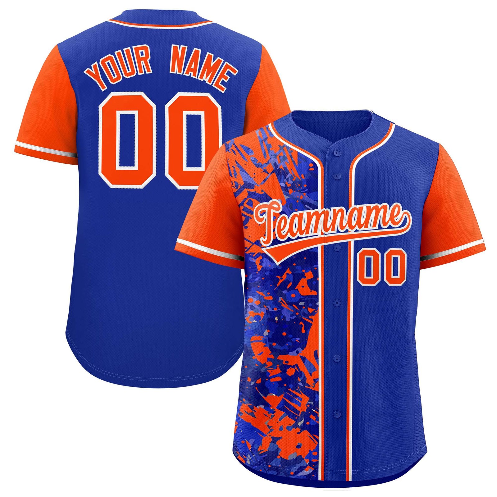 Custom Royal Orange Split Personalized Graffiti Raglan Sleeve Authentic Baseball Jersey