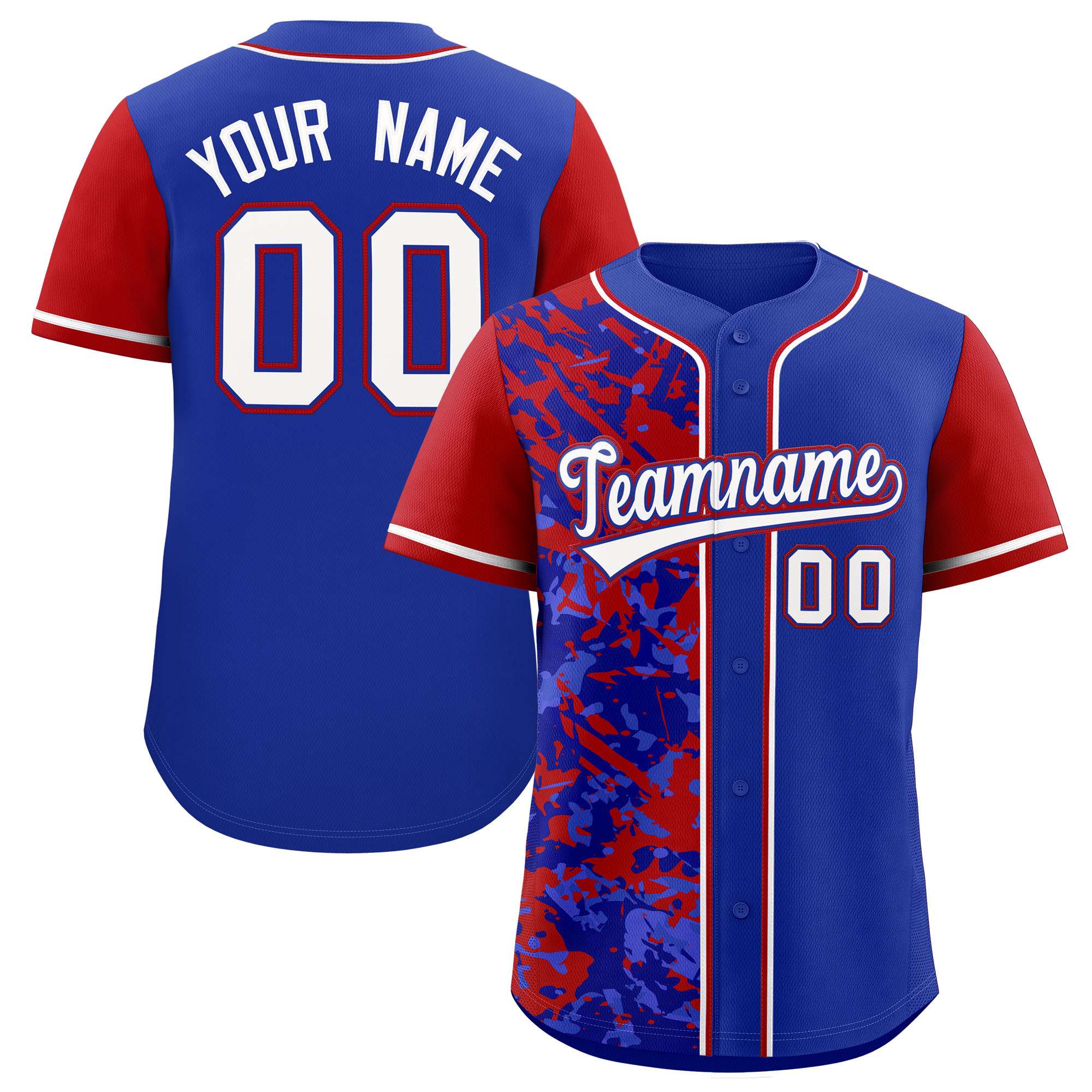 Custom Royal Red Split Personalized Graffiti Raglan Sleeve Authentic Baseball Jersey