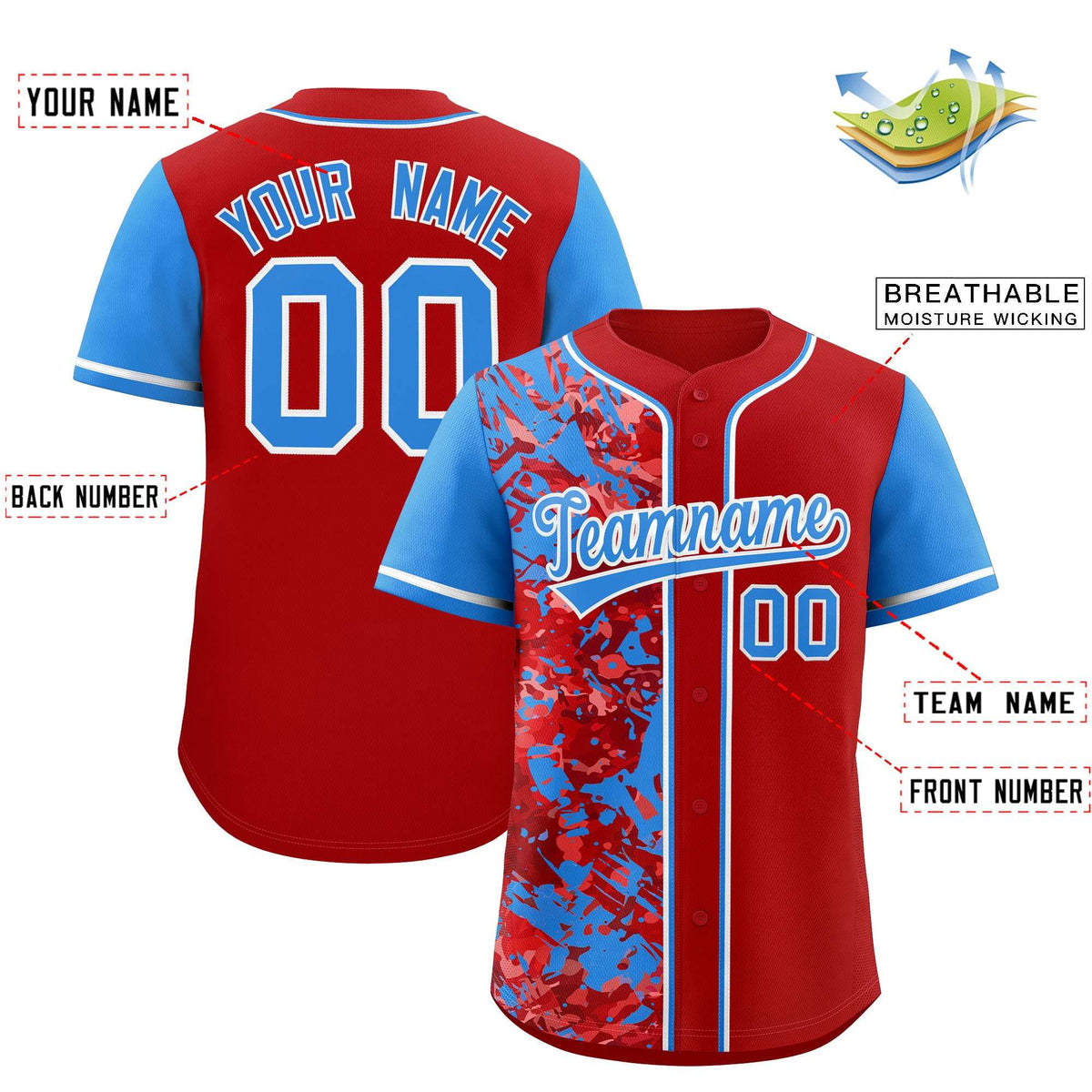 Custom Red Blue Split Personalized Graffiti Raglan Sleeve Authentic Baseball Jersey