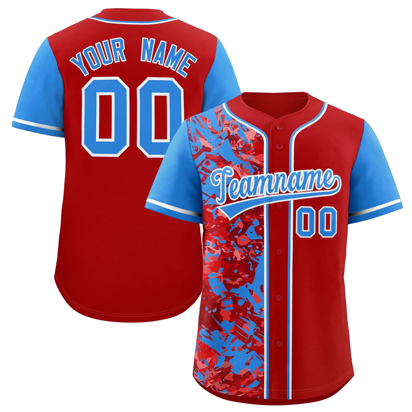 Custom Red Blue Split Personalized Graffiti Raglan Sleeve Authentic Baseball Jersey