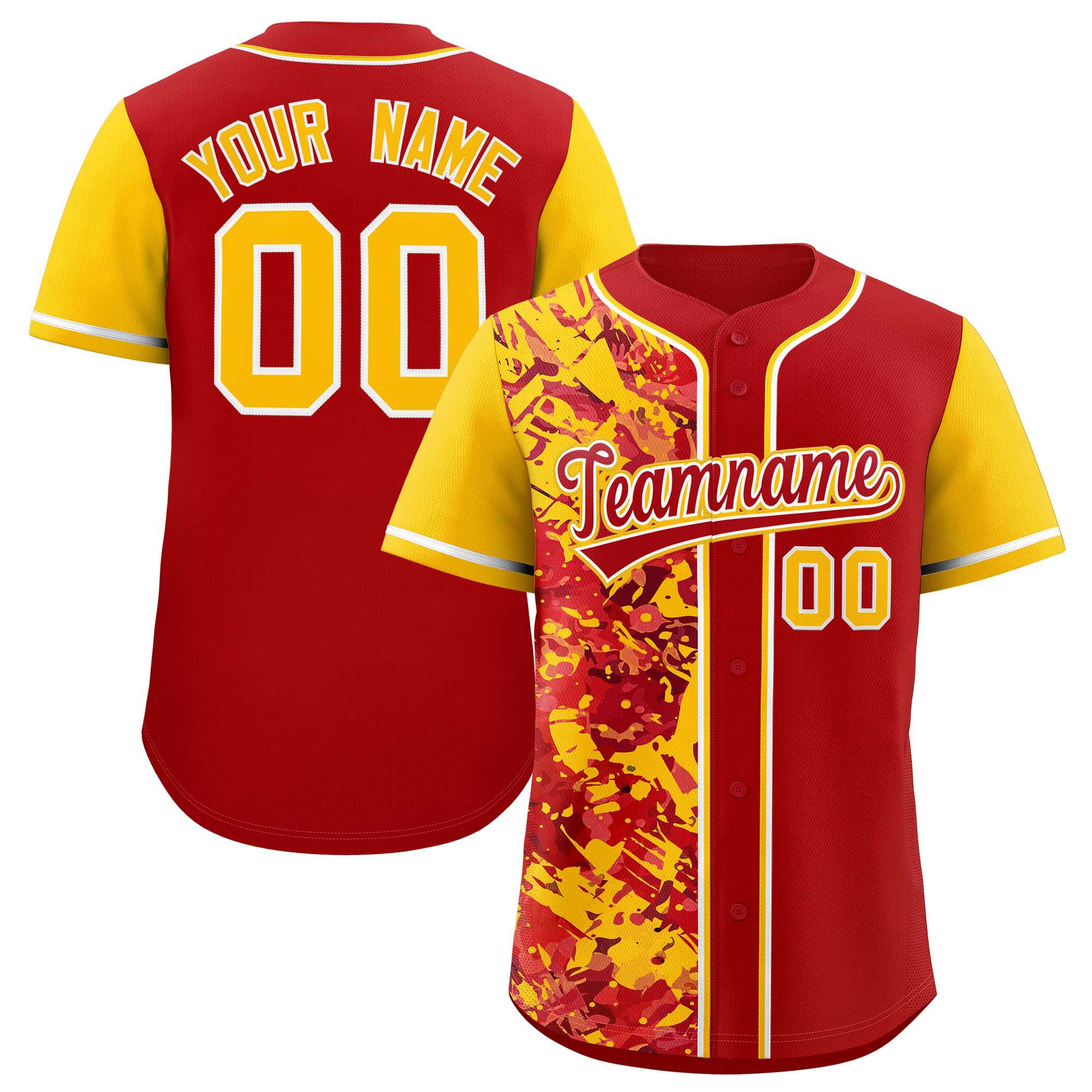 Custom Red Yellow Split Personalized Graffiti Raglan Sleeve Authentic Baseball Jersey