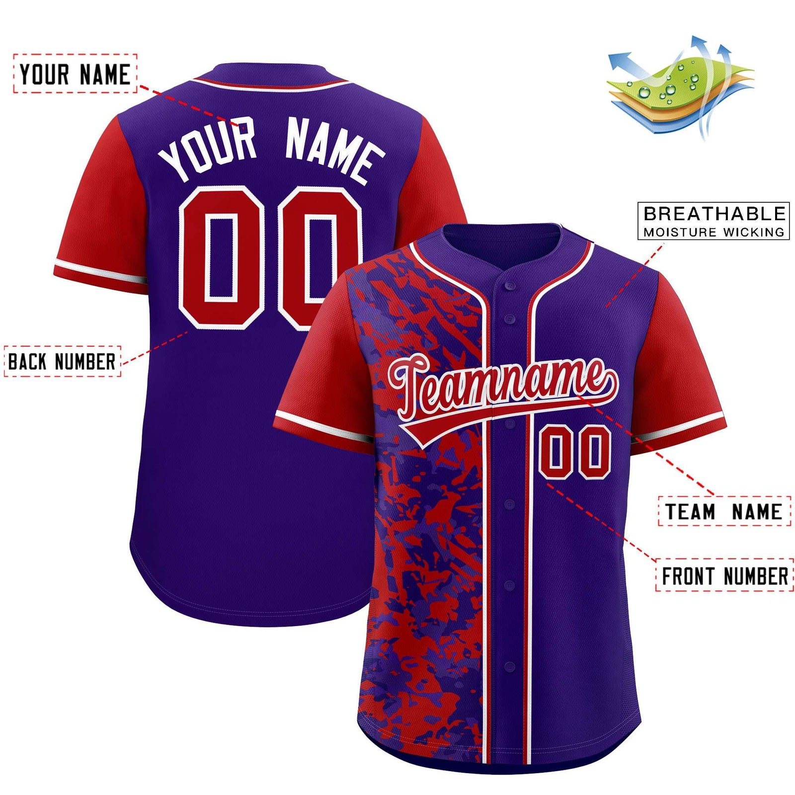Custom Purple Red Split Personalized Graffiti Raglan Sleeve Authentic Baseball Jersey