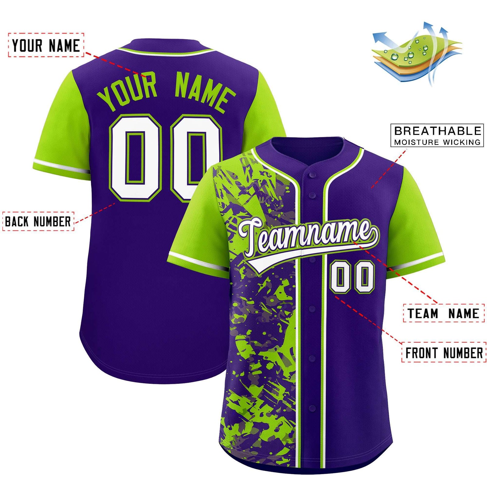 Custom Purple Neon Green Split Personalized Graffiti Raglan Sleeve Authentic Baseball Jersey