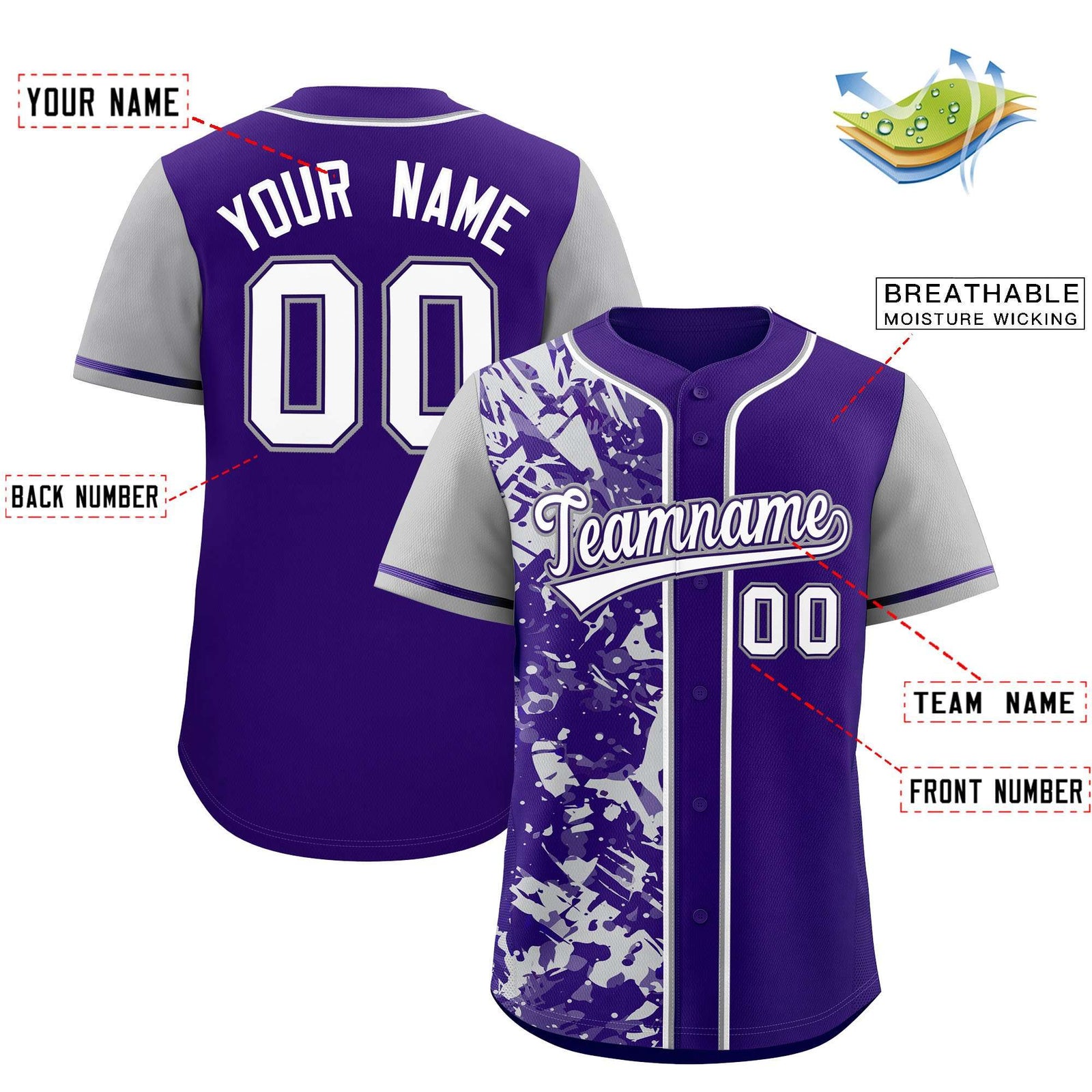 Custom Purple Gray Split Personalized Graffiti Raglan Sleeve Authentic Baseball Jersey