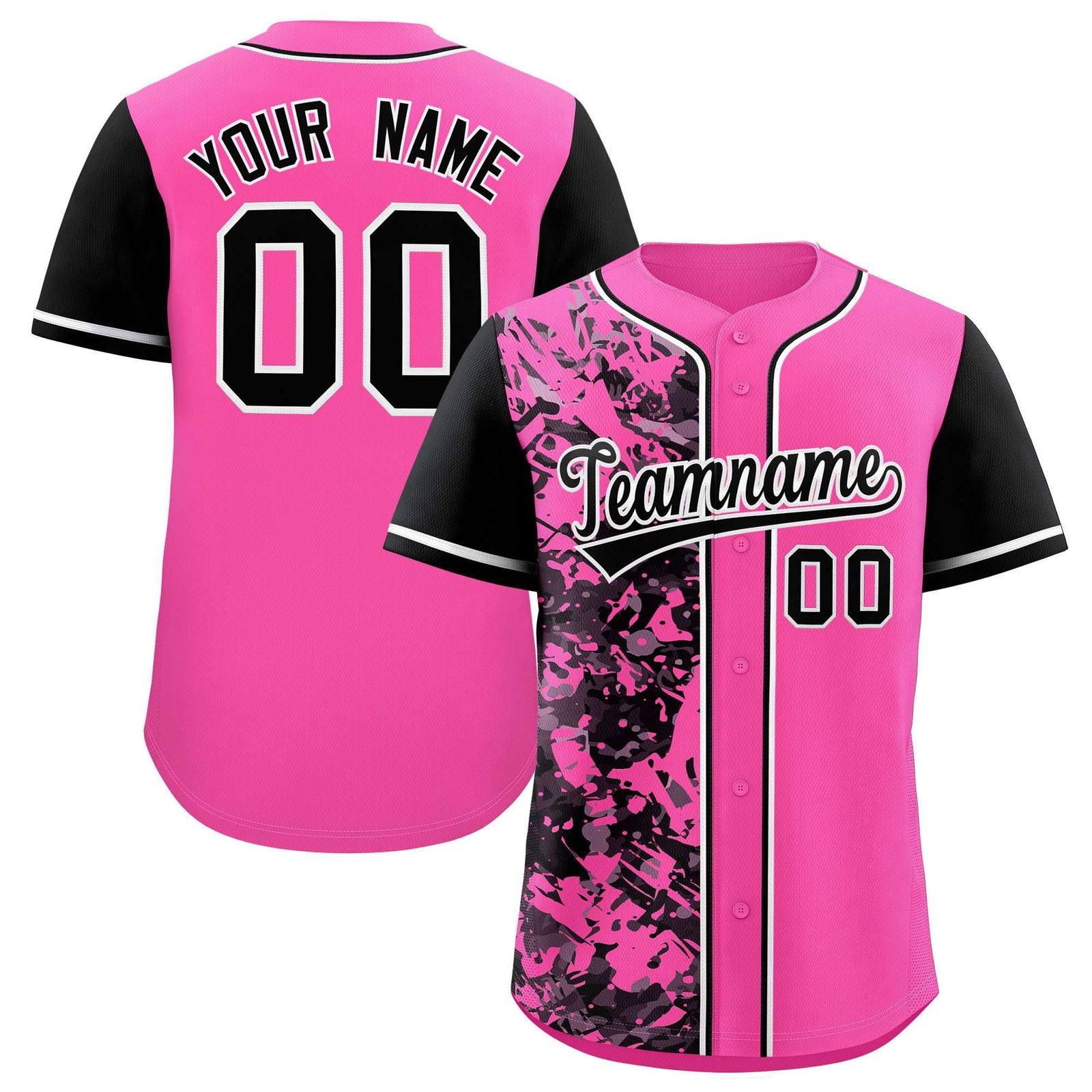 Custom Pink Black Split Personalized Graffiti Raglan Sleeve Authentic Baseball Jersey
