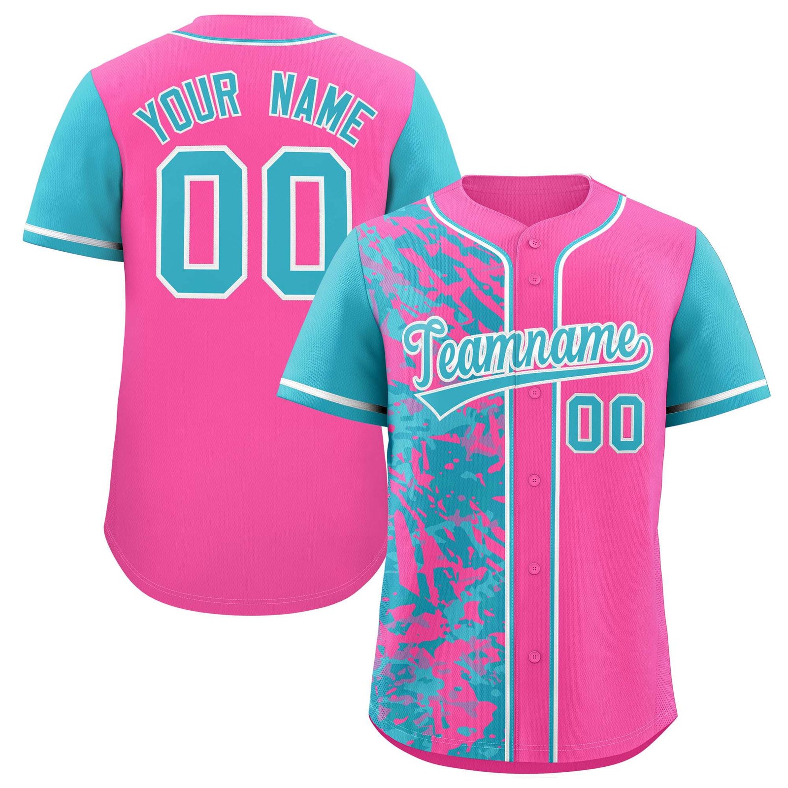Custom Pink Sky Blue Split Personalized Graffiti Raglan Sleeve Authentic Baseball Jersey