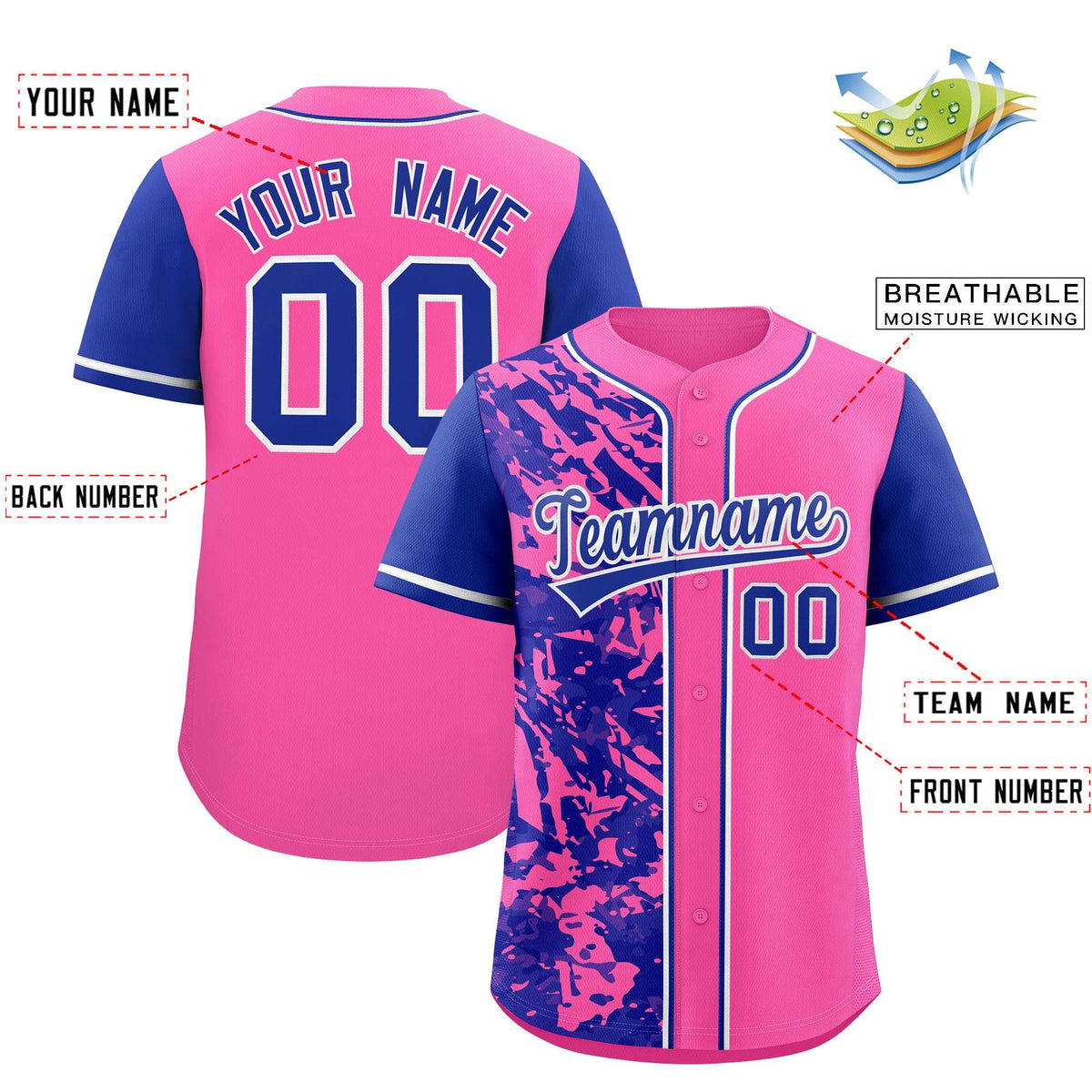 Custom Pink Royal Split Personalized Graffiti Raglan Sleeve Authentic Baseball Jersey