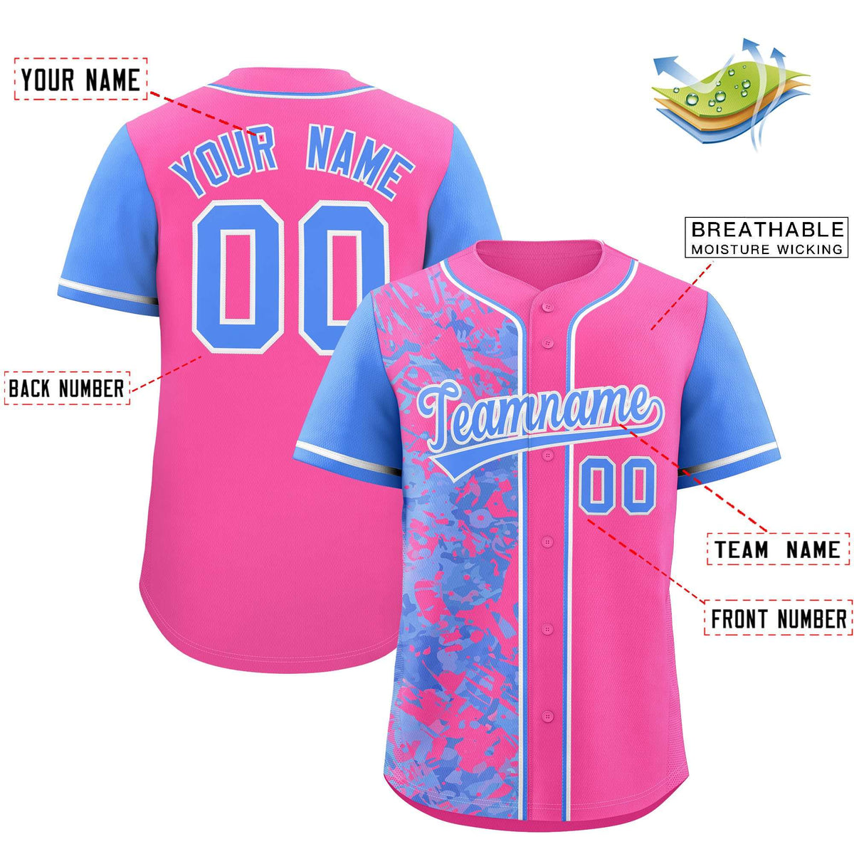 Custom Pink Powder Blue Split Personalized Graffiti Raglan Sleeve Authentic Baseball Jersey
