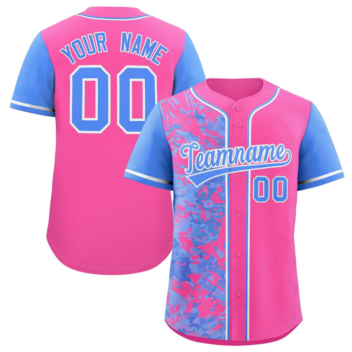 Custom Pink Powder Blue Split Personalized Graffiti Raglan Sleeve Authentic Baseball Jersey