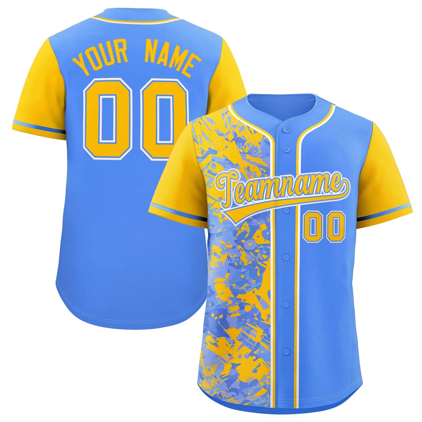 Custom Blue Yellow Split Personalized Graffiti Raglan Sleeve Authentic Baseball Jersey