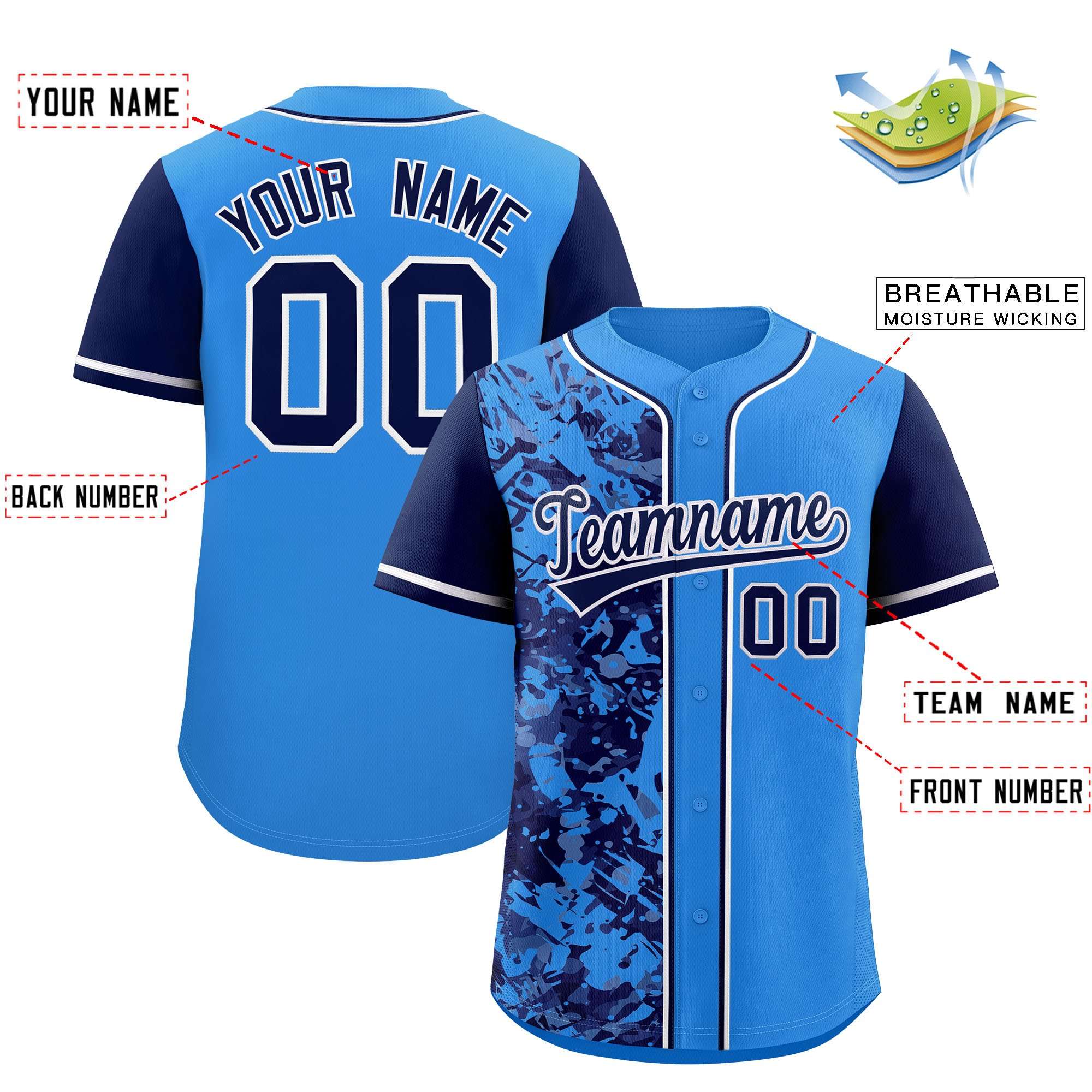 Custom Blue Navy Split Personalized Graffiti Raglan Sleeve Authentic Baseball Jersey