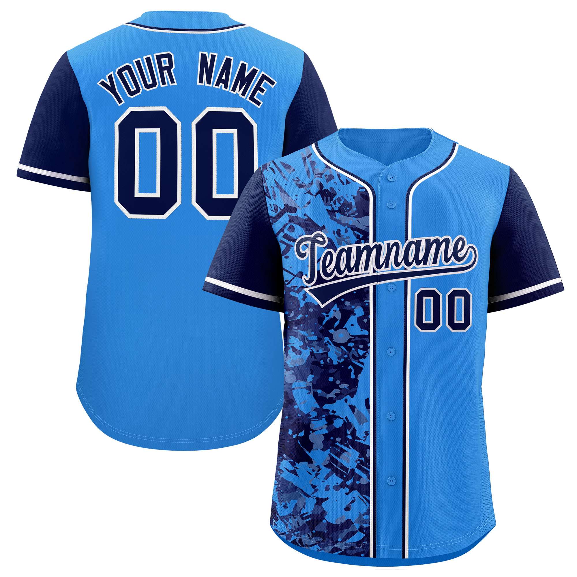 Custom Blue Navy Split Personalized Graffiti Raglan Sleeve Authentic Baseball Jersey
